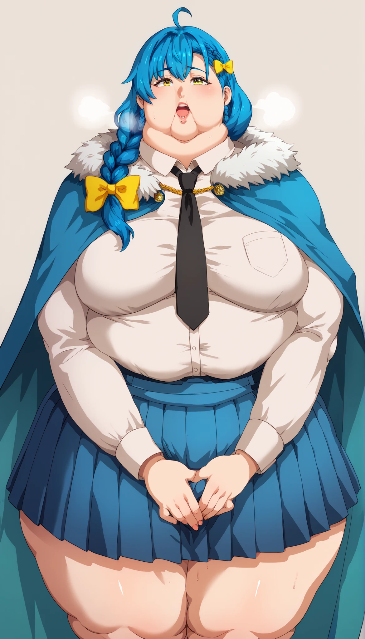 aparida rain, long hair, bangs, green eyes, blue hair, yellow eyes, braid, ahoge, hair bow, grey eyes, single braid, yellow bow, braided ponytail, mature female, small breasts, skirt, shirt, long sleeves, white shirt, pleated skirt, necktie, collared shirt, cape, blue skirt, fur trim, black necktie, high-waist skirt, suspender skirt, blue cape, fur-trimmed cape, mature female,, pretty beautiful mature old cute curvy slut bbw female woman sexy, chubby ,big hairy milf big, cute, chubby, Obese, huge arms and legs, BBW、big chest wide open mouth, shortness of breath、sweat, puffy cheek, grabbing crotch