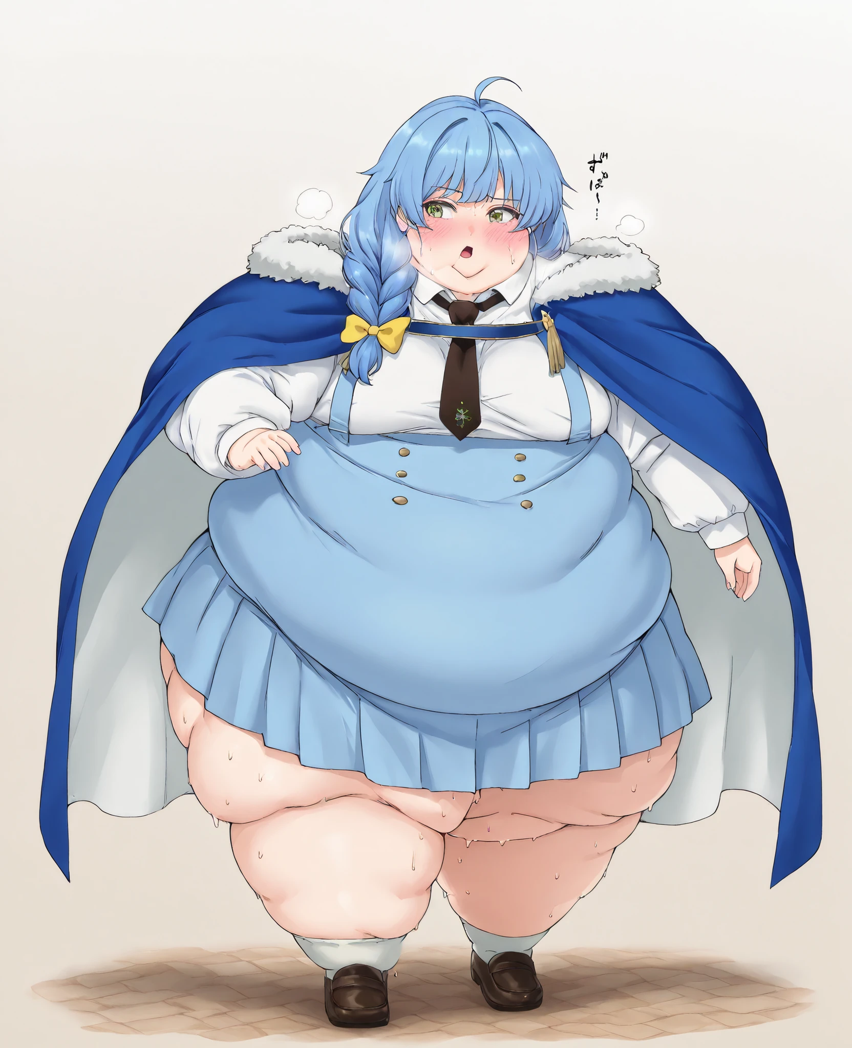 masterpiece, best quality, solo, 1girl, score_9, score_8_up,score_7_up BREAK, 1girl, solo, chubby, fat, very fat, obese, obese arms and legs, sloppy stomach, saggy round breasts, fat face, fupa, double chin, plump, thick thighs, thigh, morbidly obese, immobile, blush, sweaty, sweaty hair, blushing, aparida rain, long hair, bangs, green eyes, blue hair, yellow eyes, braid, ahoge, hair bow, grey eyes, single braid, yellow bow, braided ponytail, mature female, small breasts, skirt, shirt, long sleeves, white shirt, pleated skirt, necktie, collared shirt, cape, blue skirt, fur trim, black necktie, high-waist skirt, suspender skirt, blue cape, fur-trimmed cape, mature female, open mouth sweating, full body shot, gigantic arms and legs, out of breath, 