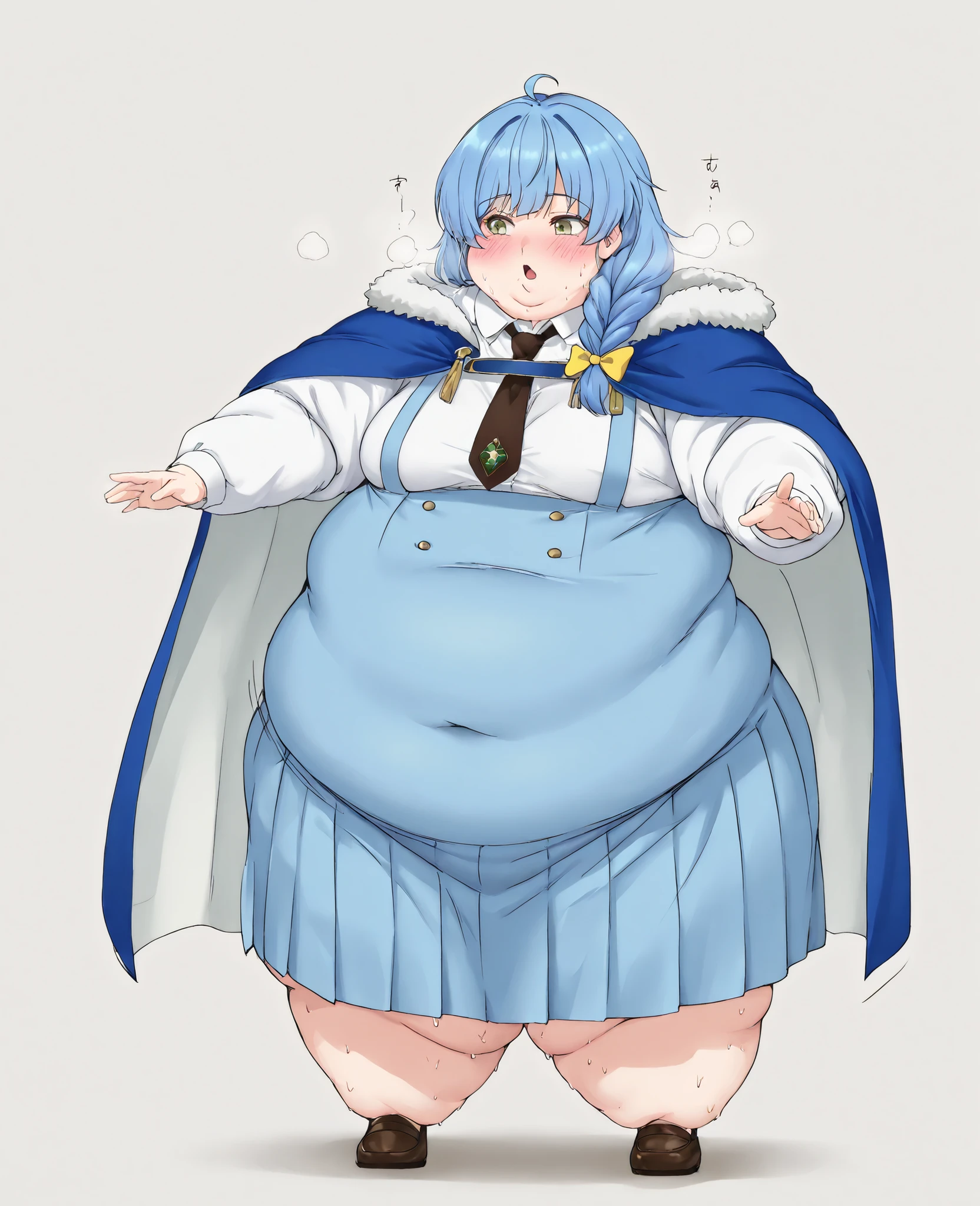 masterpiece, best quality, solo, 1girl, score_9, score_8_up,score_7_up BREAK, 1girl, solo, chubby, fat, very fat, obese, obese arms and legs, sloppy stomach, saggy round breasts, fat face, fupa, double chin, plump, thick thighs, thigh, morbidly obese, immobile, blush, sweaty, sweaty hair, blushing, aparida rain, long hair, bangs, green eyes, blue hair, yellow eyes, braid, ahoge, hair bow, grey eyes, single braid, yellow bow, braided ponytail, mature female, small breasts, skirt, shirt, long sleeves, white shirt, pleated skirt, necktie, collared shirt, cape, blue skirt, fur trim, black necktie, high-waist skirt, suspender skirt, blue cape, fur-trimmed cape, mature female, open mouth sweating, full body shot, gigantic arms and legs, out of breath, 