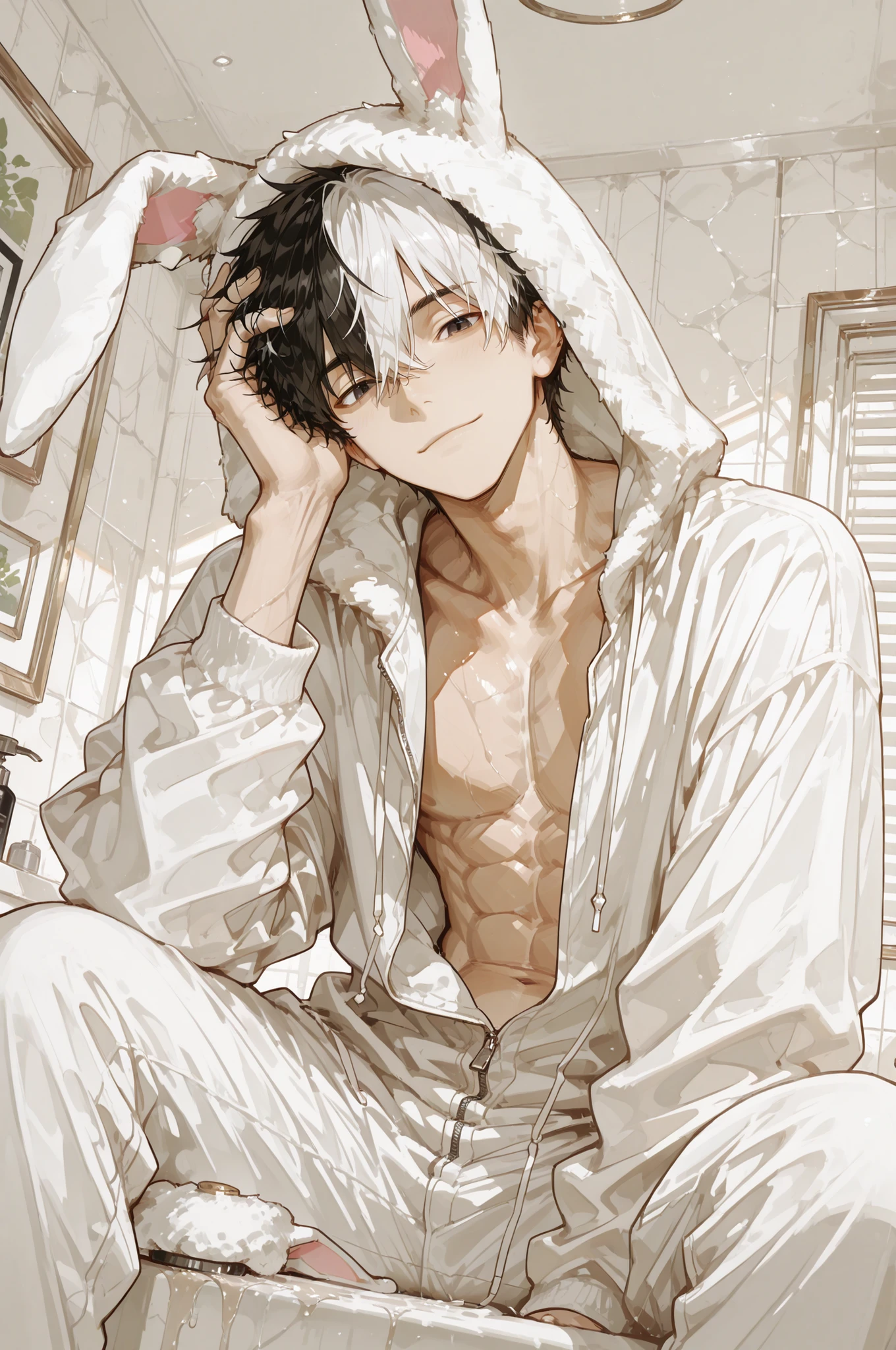 masterpiece, Highest Quality, high resolution, detailed illustration of under the bath, Handsome man in a 2D anime style, 28 years old, fluffy short hair, Perfectly parted, two-tone hair (Left: Pure white, Right: Jet black), Clean center part, bungs, Eyes completely closed, Narrow, narrow eyes like Ichimaru Gin (The lid of the), a slightly playful, calm and confident smile, Sly, charming smile, Slightly visible sharp canines, Seductive and mysterious aura, A slender but slightly muscular athletic figure ( slender and toned , Not big),bunny costume, Stylish, modern young man, Extreme close-up bust shot, Dynamic angle, Tilt forward、looking down at viewers, throw, grabs the viewer's head powerfully with one hand, A finger that grabs the viewer's hair, Bedroom, Elegant and seductive aura