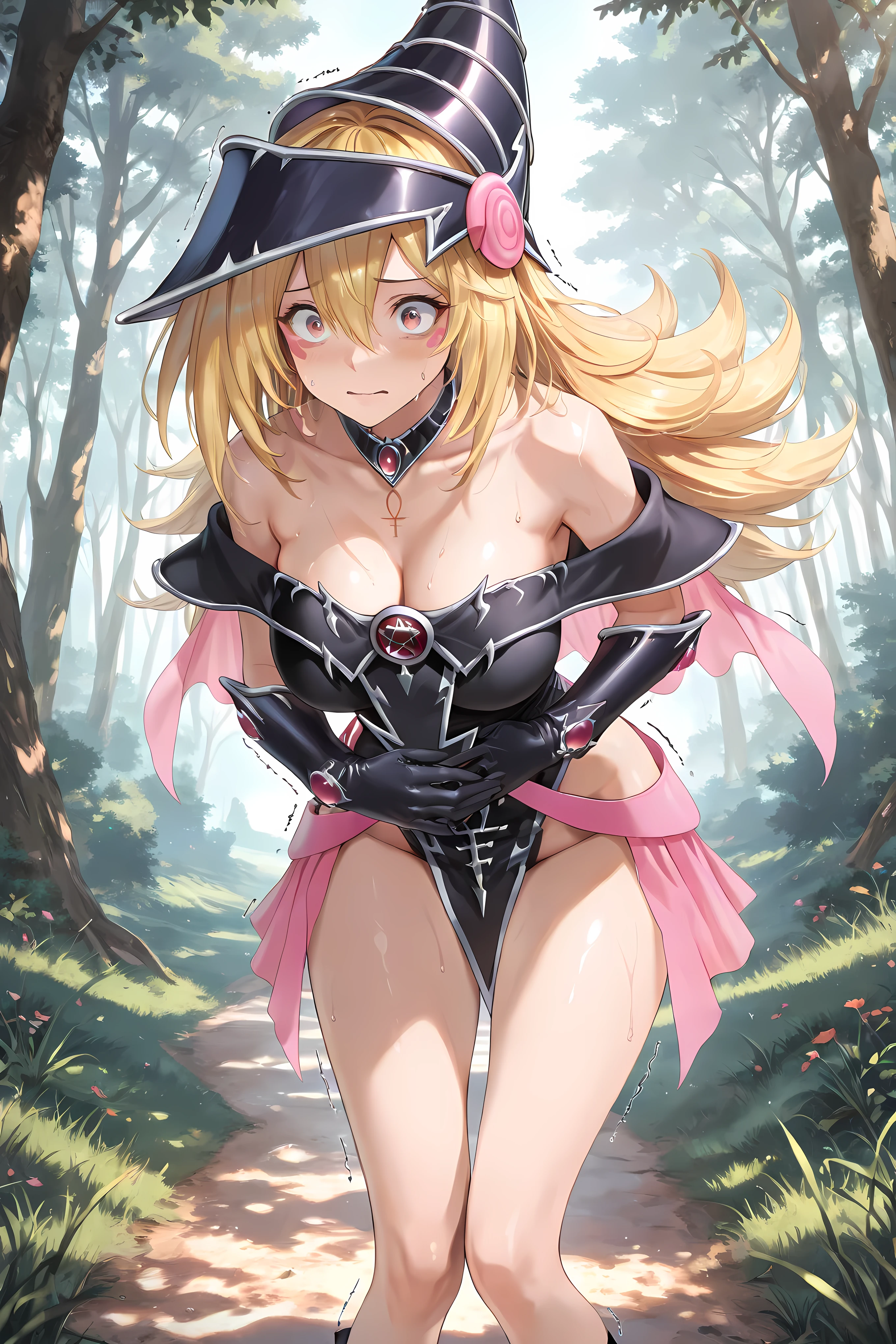 Magi Magi Magician Gal, ,Solo, masterpiece, highres, ultra-detailed, hyper-detailed, best quality,  amazing quality, very aesthetic, best hands, best eyes, best hand
adult woman, 1woman, hand on own stomach, sweat,  leaning forward, nervous, scared, trembling  field, grass field, forest background, sunny sky