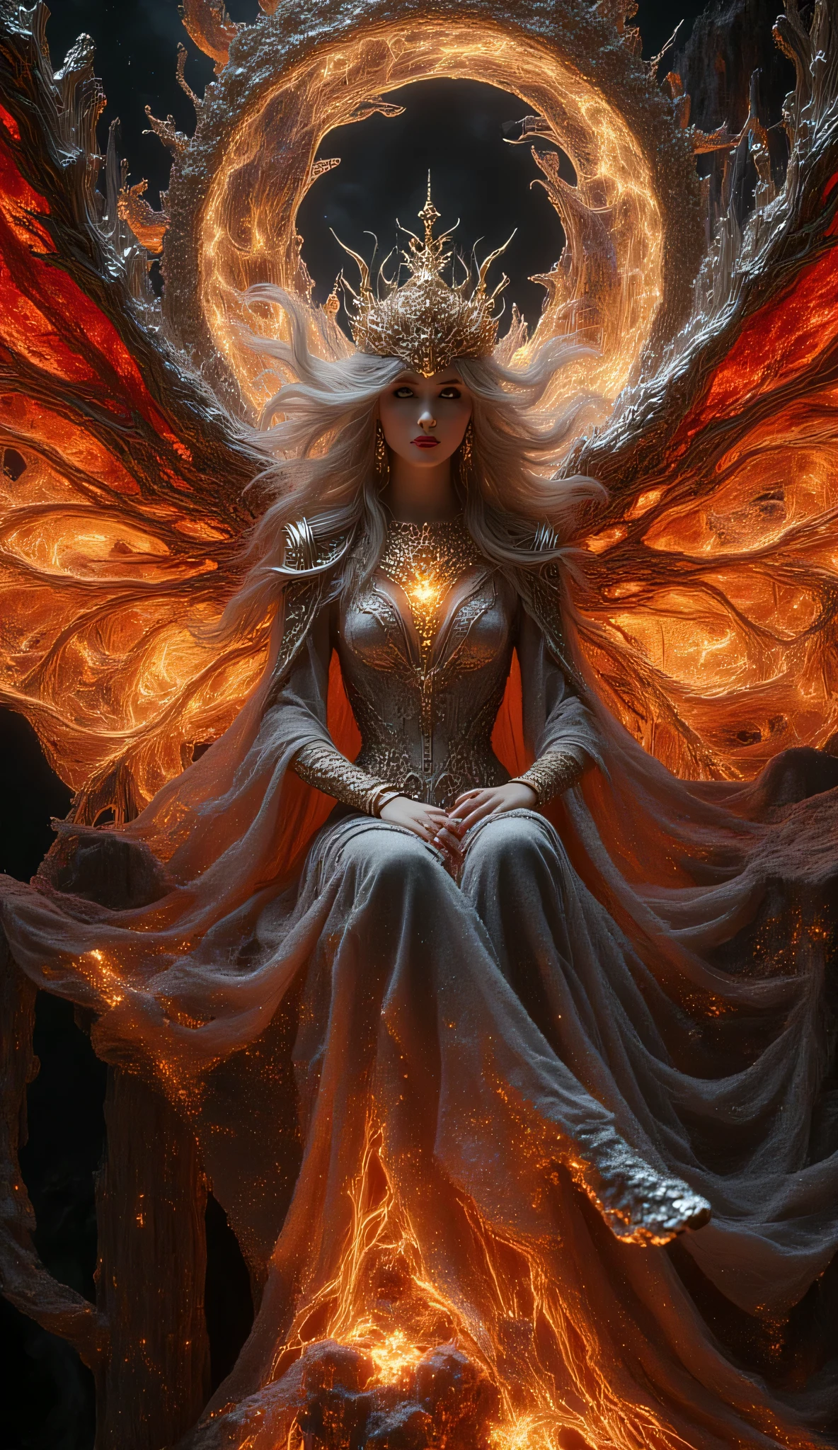 Majestic photorealistic 3D fairy seated upon a throne of frozen lava and polished moonstone. Her silver-ember gown cascades like a royal mantle, embedded with glowing runes. Hair flows like a waterfall of molten platinum, framing a face with piercing crimson eyes that command awe. Wings arched behind her like a regal crown — filigree of fire and frost, pulsing with inner light. Fractal energy swirls at her feet, forming mandalas of volcanic glass and lunar dust. The atmosphere is heavy with power — rich textures, chiaroscuro lighting, and a color palette of only silver, black, and vivid red. She is the sovereign of fire and moon.
