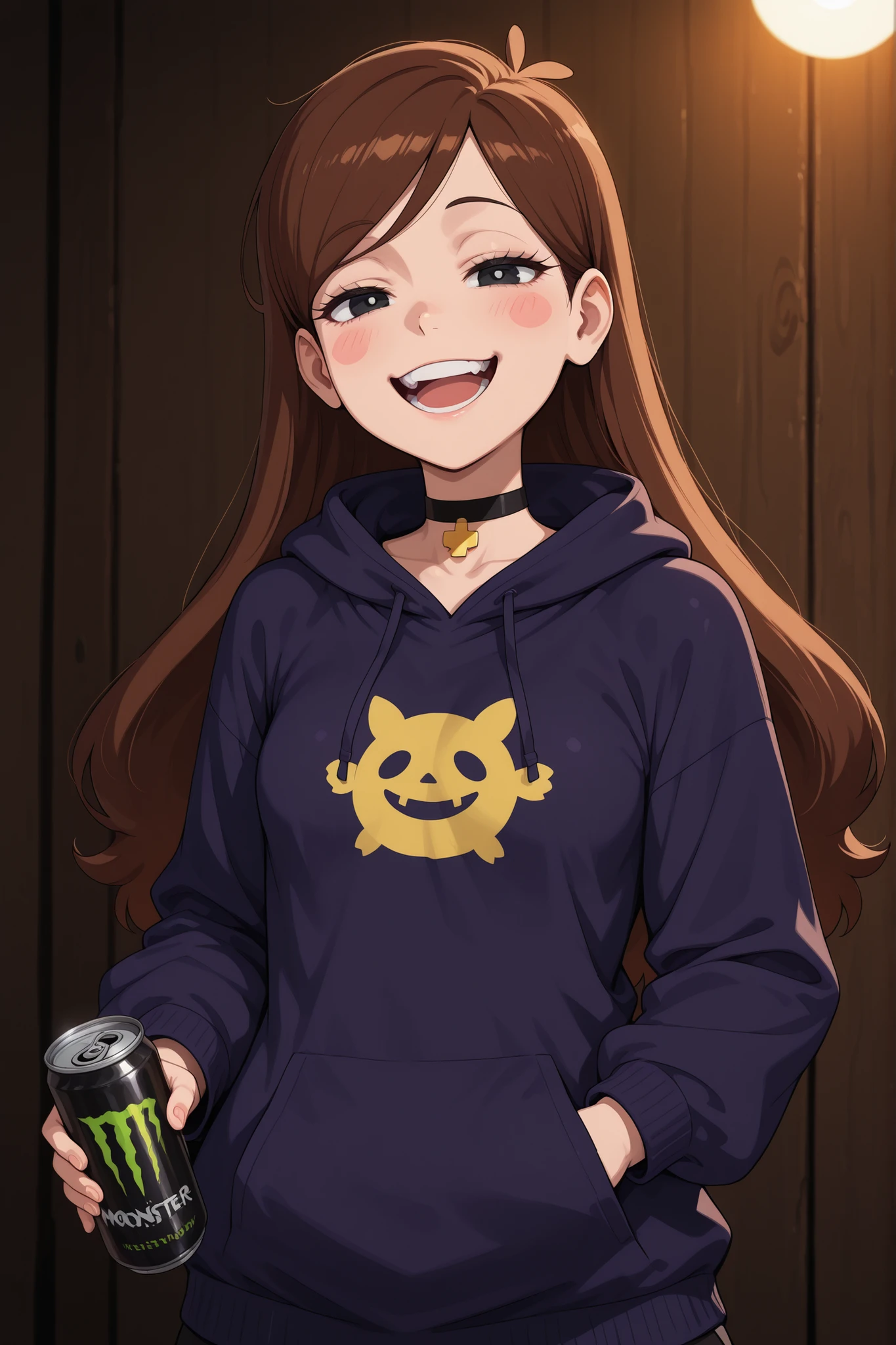 Mabel Pines, blush stickers, brown hair. black eyes. half-closed eyes, small , huge . long eyelashes, choker. | A monster house on a neighborhood with houses (Dark color palette:1.3)(Low key lighting:1.3)(rp_slgd), masterpiece, best quality, realistic,  foreshortening, upper body, solo, 1girl, :d, teeth, looking at viewer, standing, hand in pocket, holding can, energy drink, monster energy,  hoodie, hood down, drawstring, long sleeves, monster house background, striped background 
