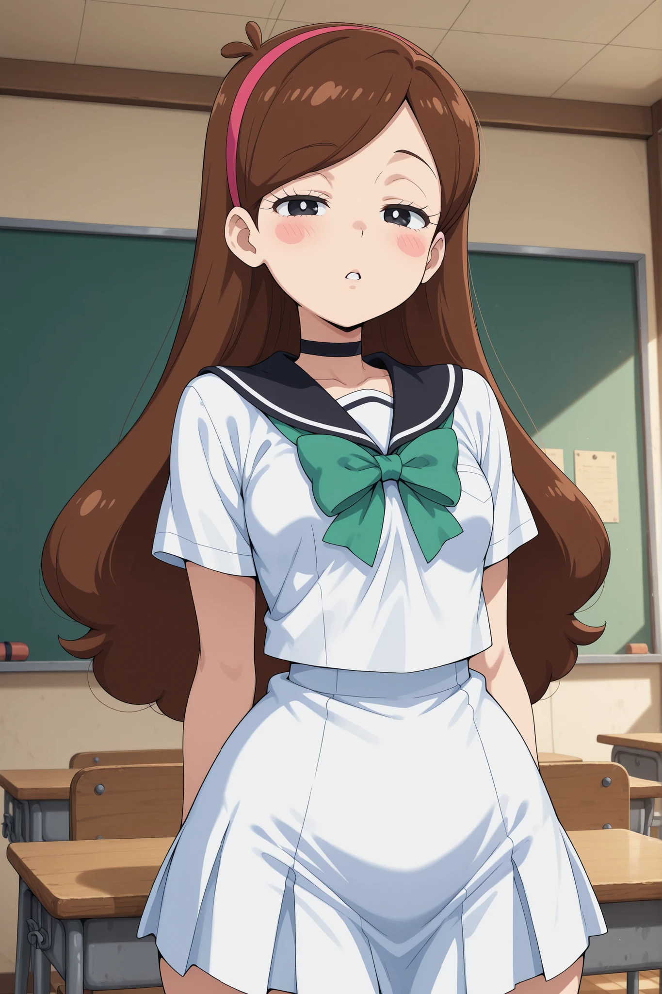 Mabel Pines, blush stickers, brown hair. black eyes. half-closed eyes, small , huge . long eyelashes, choker. | anime screencap, score_9, score_8_up, score_7_up, source_anime BREAK dwreiko, 1girl, solo, indoors, classroom BREAK school uniform, white serafuku, black sailor collar, short sleeves, green bow, looking at viewer, parted lips, blush