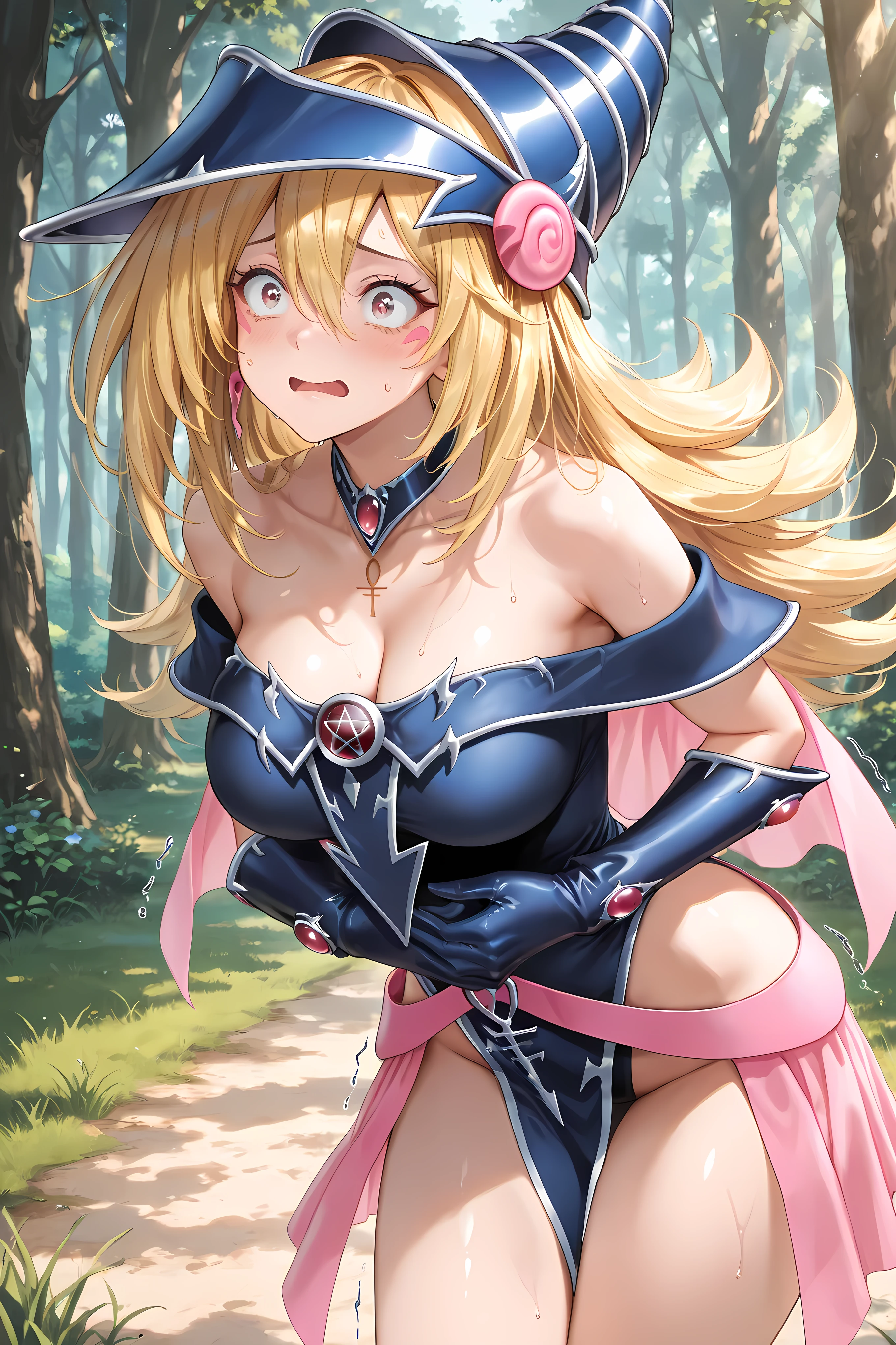 Magi Magi Magician Gal, cowboy shot,  ,Solo, masterpiece, highres, ultra-detailed, hyper-detailed, best quality,  amazing quality, very aesthetic, best hands, best eyes, best hand
adult woman, 1woman, hand on own stomach, sweat,  leaning forward, nervous, scared, trembling  field, grass field, forest background, sunny sky