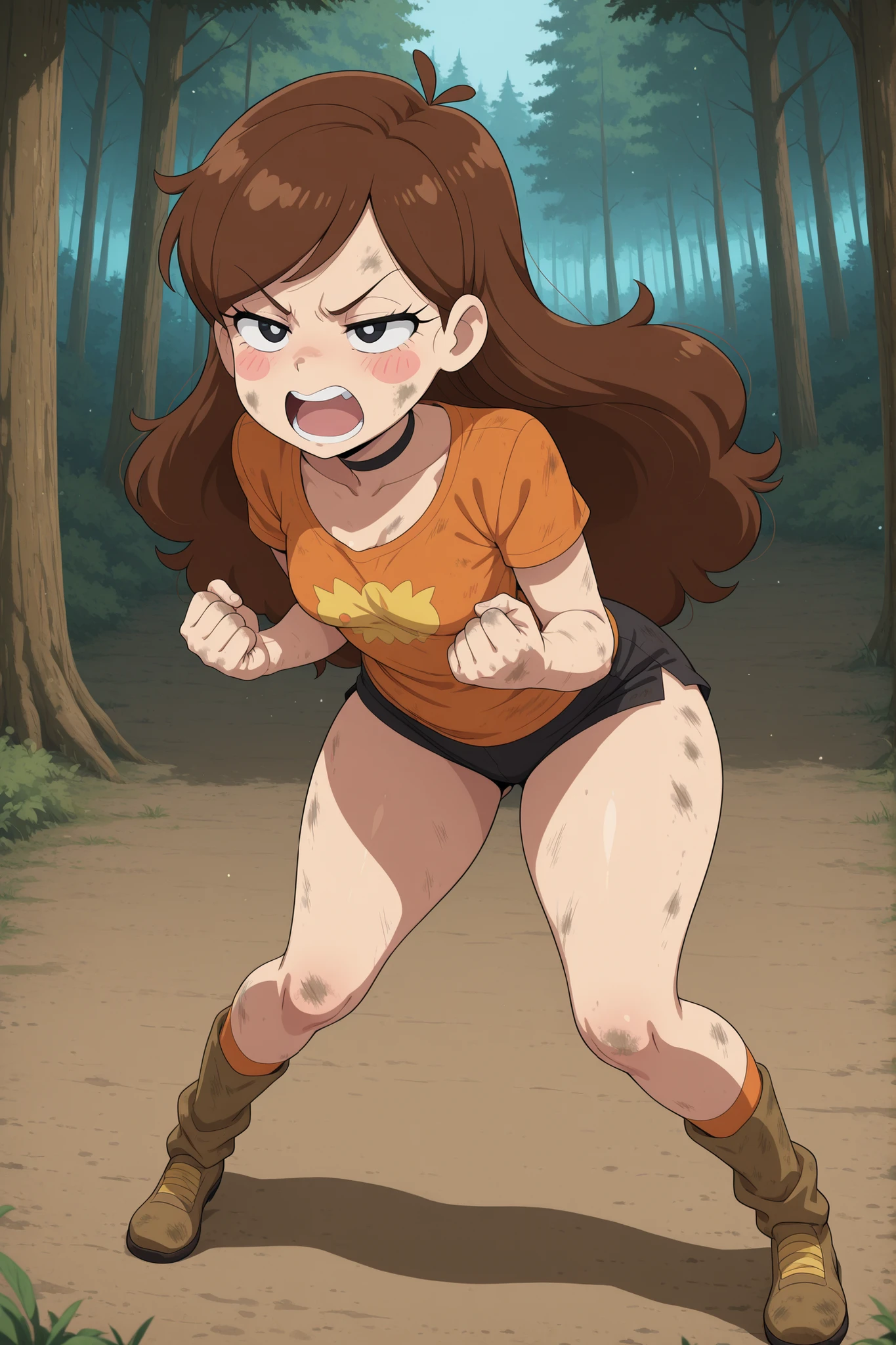 Mabel Pines, blush stickers, brown hair. black eyes. half-closed eyes, small , huge . long eyelashes, choker. | masterpiece, anime coloring, newest, Yang Xiao Long, Main Outfit, solo, open mouth, tree, nature, clenched hands, forest, fighting pose, full body, , angry, blush, soft particles