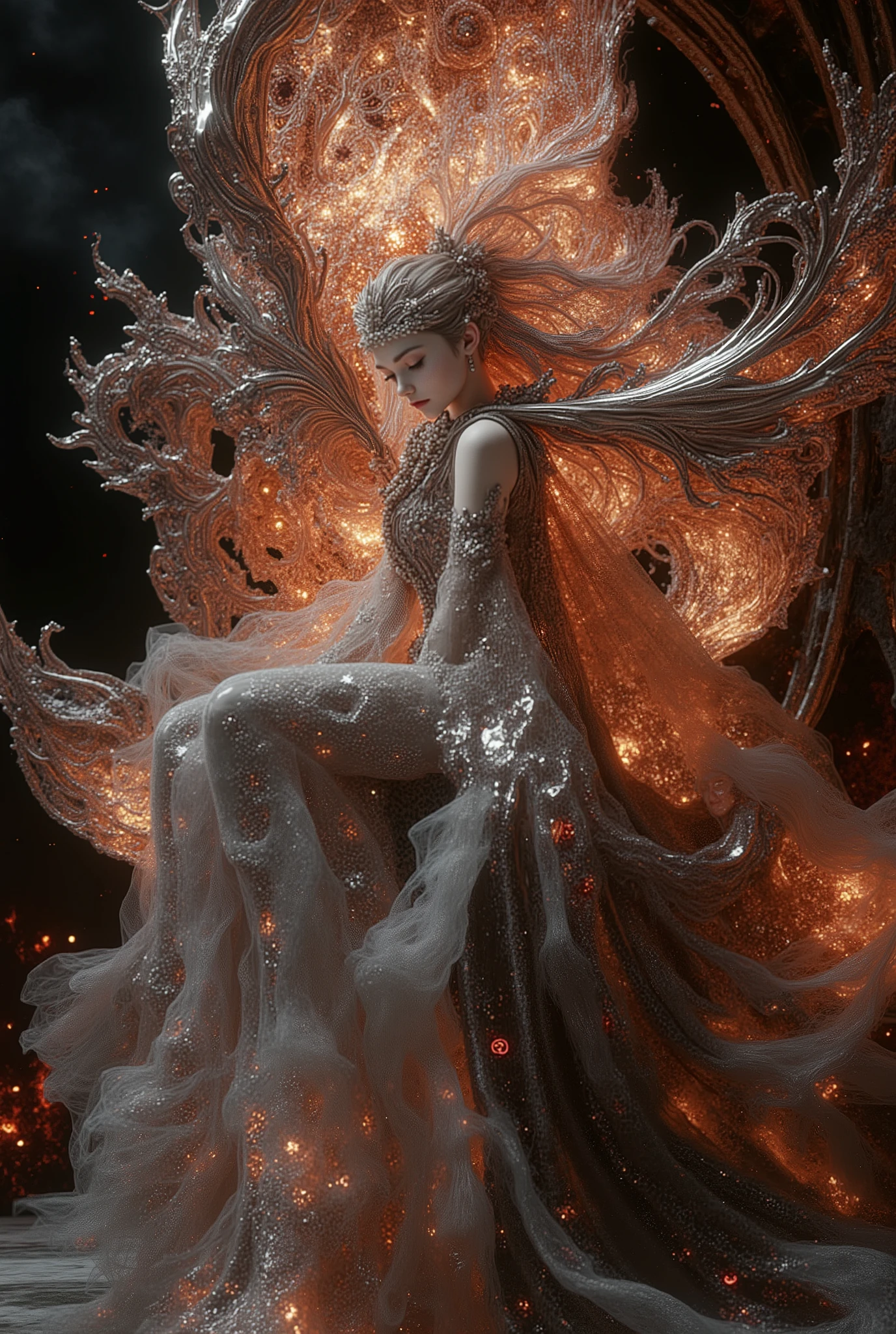 Majestic photorealistic 3D fairy seated upon a throne of frozen lava and polished moonstone. Her silver-ember gown cascades like a royal mantle, embedded with glowing runes. Hair flows like a waterfall of molten platinum, framing a face with piercing crimson eyes that command awe. Wings arched behind her like a regal crown — filigree of fire and frost, pulsing with inner light. Fractal energy swirls at her feet, forming mandalas of volcanic glass and lunar dust. The atmosphere is heavy with power — rich textures, chiaroscuro lighting, and a color palette of only silver, black, and vivid red. She is the sovereign of fire and moon.