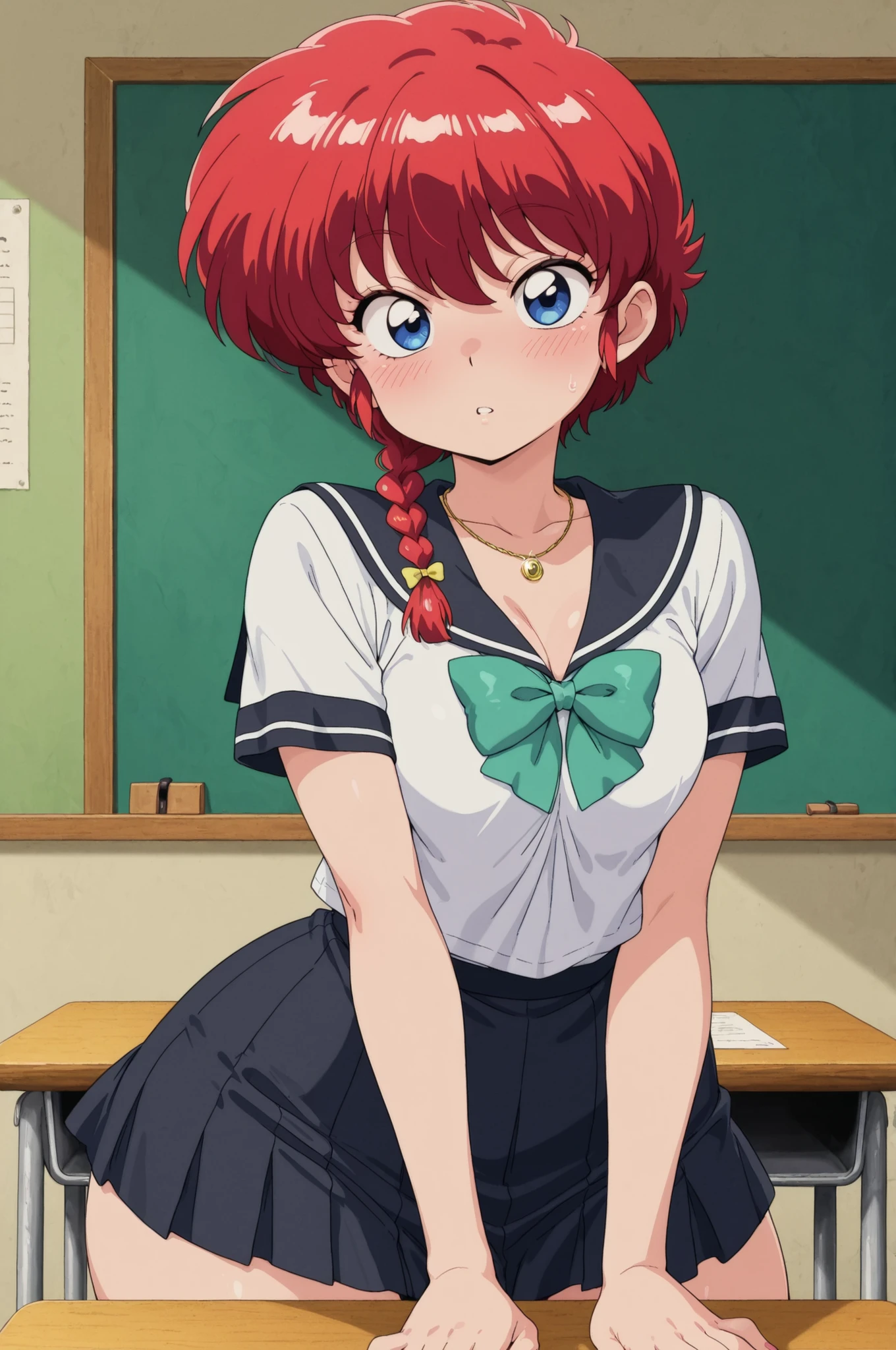 Ranma Saotome. red hair. blue eyes. braid. small breasts. wide hips. necklace. black eyeliner. pink manicure. | anime screencap, score_9, score_8_up, score_7_up, source_anime BREAK dwreiko, 1girl, solo, indoors, classroom BREAK school uniform, white serafuku, black sailor collar, short sleeves, green bow, looking at viewer, parted lips, blush 