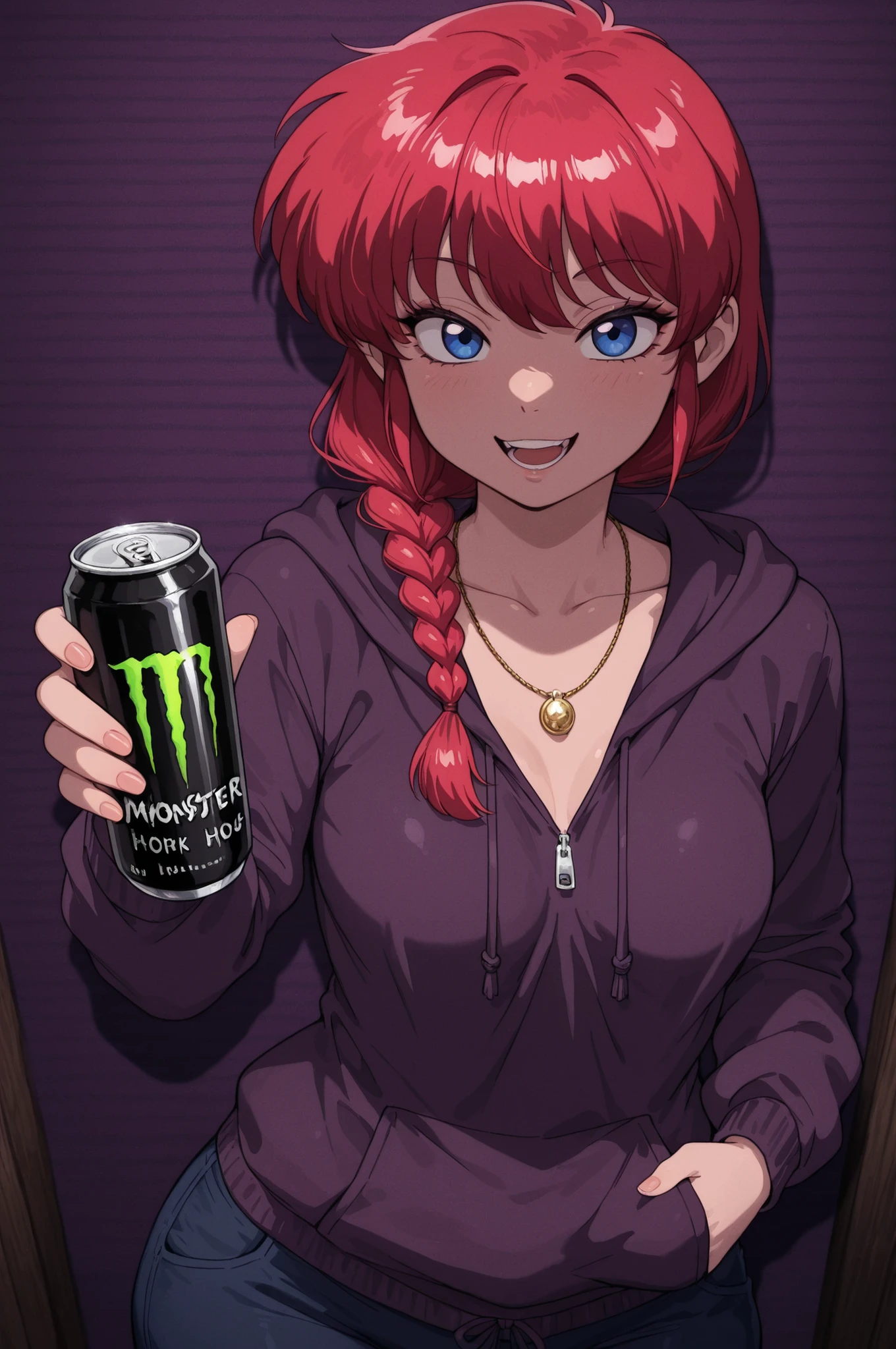 Ranma Saotome. red hair. blue eyes. braid. small breasts. wide hips. necklace. black eyeliner. pink manicure. |  A monster house on a neighborhood with houses (Dark color palette:1.3)(Low key lighting:1.3)(rp_slgd), masterpiece, best quality, realistic,  foreshortening, upper body, solo, 1girl, :d, teeth, looking at viewer, standing, hand in pocket, holding can, energy drink, monster energy,  hoodie, hood down, drawstring, long sleeves, monster house background, striped background