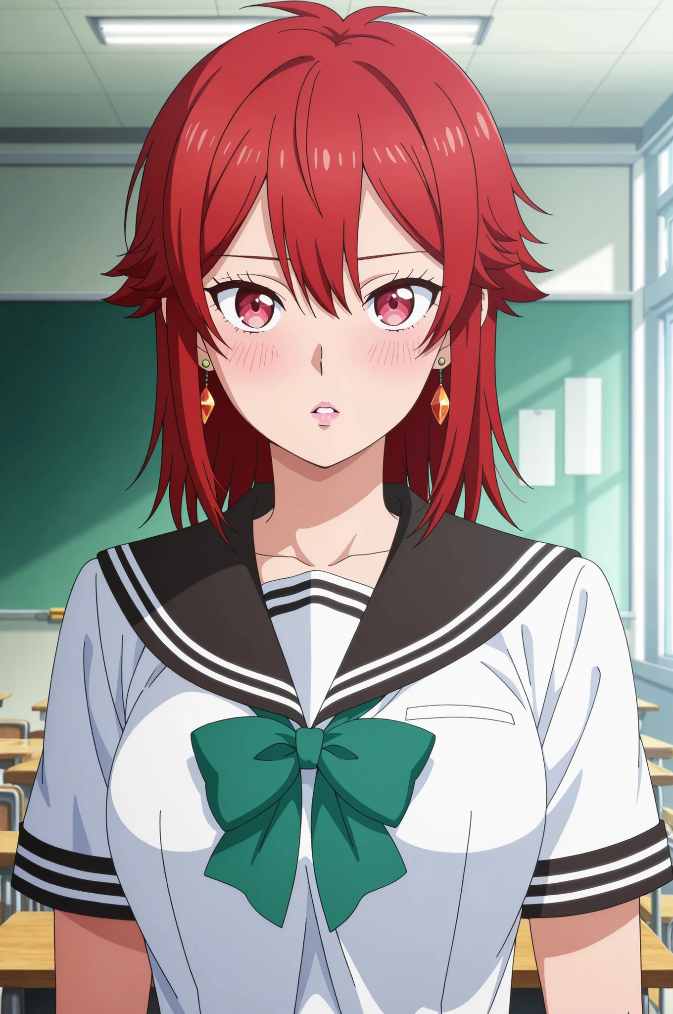 Tomo Aizawa , medium hair, red hair, medium breasts, earrings, pink lips , fire red eyes, muscle body, | anime screencap, score_9, score_8_up, score_7_up, source_anime BREAK dwreiko, 1girl, solo, indoors, classroom BREAK school uniform, white serafuku, black sailor collar, short sleeves, green bow, looking at viewer, parted lips, blush