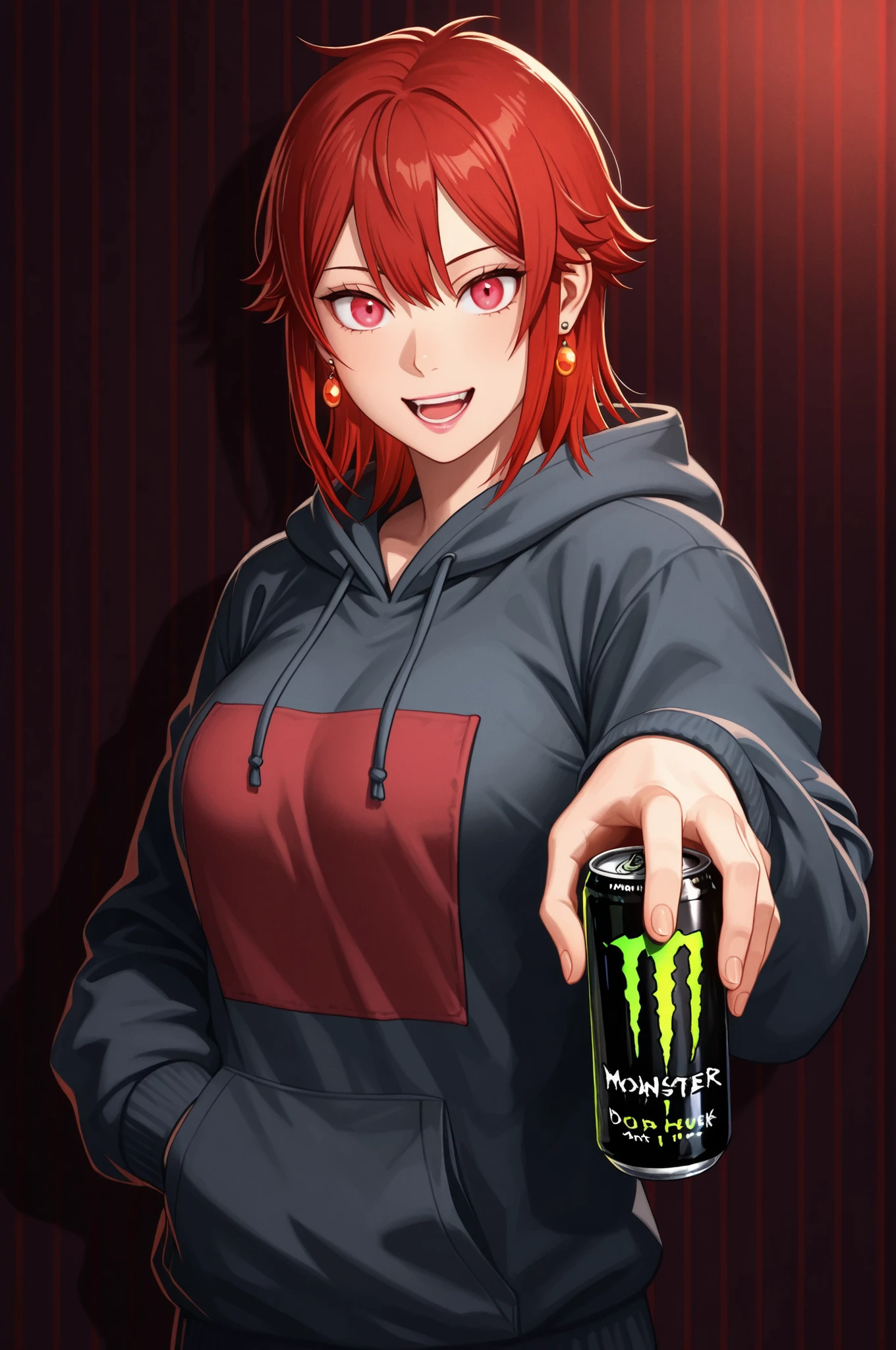 Tomo Aizawa , medium hair, red hair, medium breasts, earrings, pink lips , fire red eyes, muscle body, |  A monster house on a neighborhood with houses (Dark color palette:1.3)(Low key lighting:1.3)(rp_slgd), masterpiece, best quality, realistic,  foreshortening, upper body, solo, 1girl, :d, teeth, looking at viewer, standing, hand in pocket, holding can, energy drink, monster energy,  hoodie, hood down, drawstring, long sleeves, monster house background, striped background