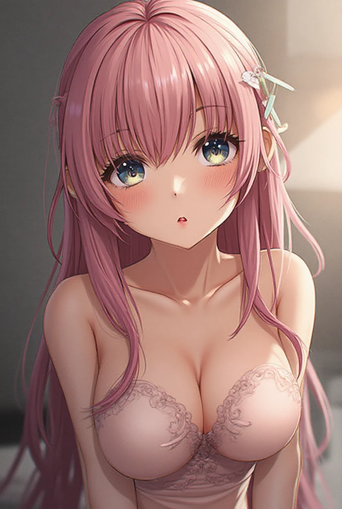 (Best Quality,High resolution,8K,finelity detailed background,Masterpiece:1.2),beautiful girl,Shiny pink hair,messy hair,Pink eyes,Gentle look,A refreshing look,Best quality,Best Quality,Aesthetic and aesthetic:1.2,Best details((Super detailed))(High-definition CG illustrations),cuteパジャマ,Slender body,night,Moonlight,Bedroom,On the bed,smile,blush,cute,Scrounge,Looking up,Being spoiled,super model,wariza,shoot from below