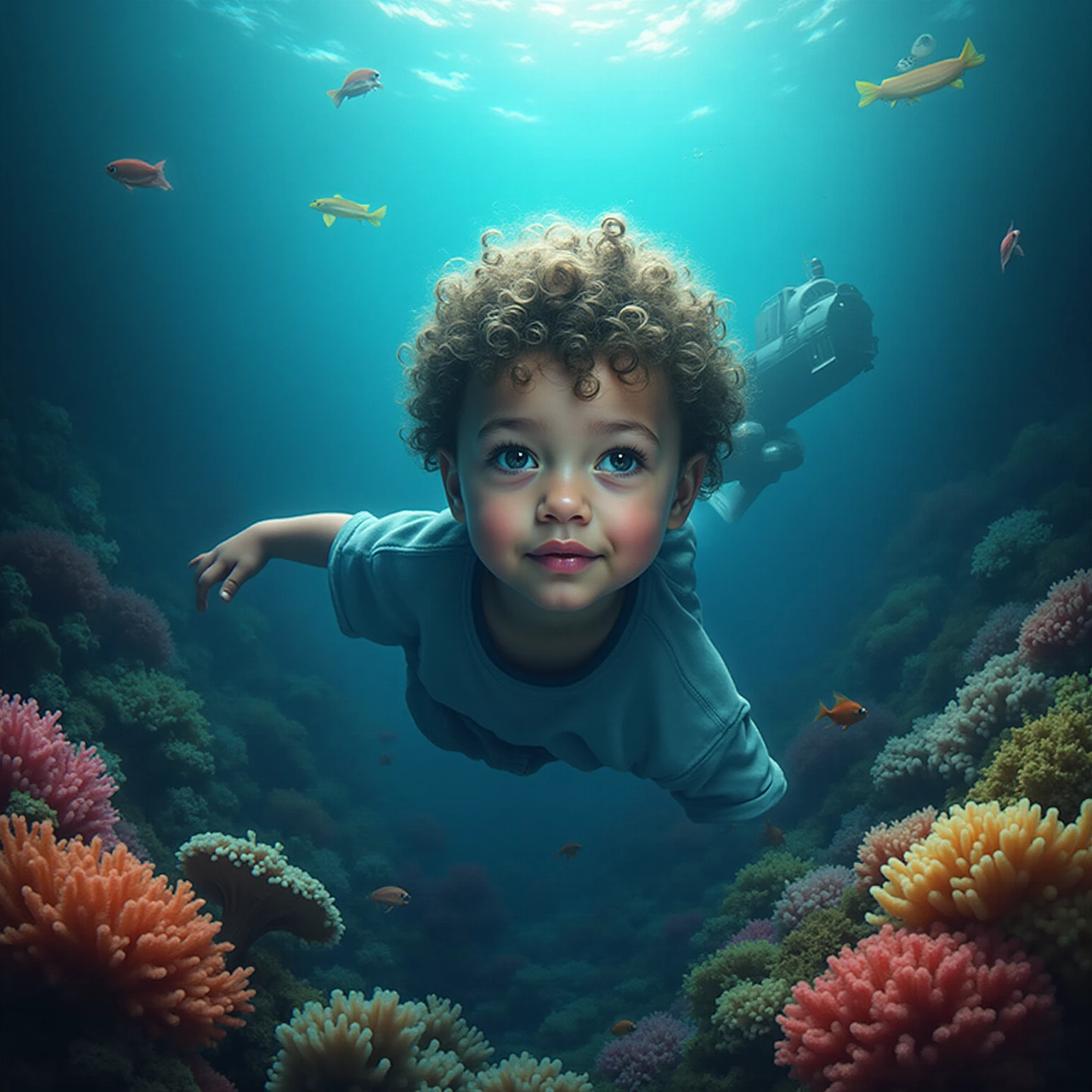An underwater scene where fish swim, in the style of Rene Magritte, A kid watches in wonder from his bubble, Colorful bubbles, Close-up shot of the kid amidst this surreal scene, Rendered by Alec Soth with unreal engine 5, Luminism, cinematic lighting, retina, textured skin, anatomically correct, best quality, award winning