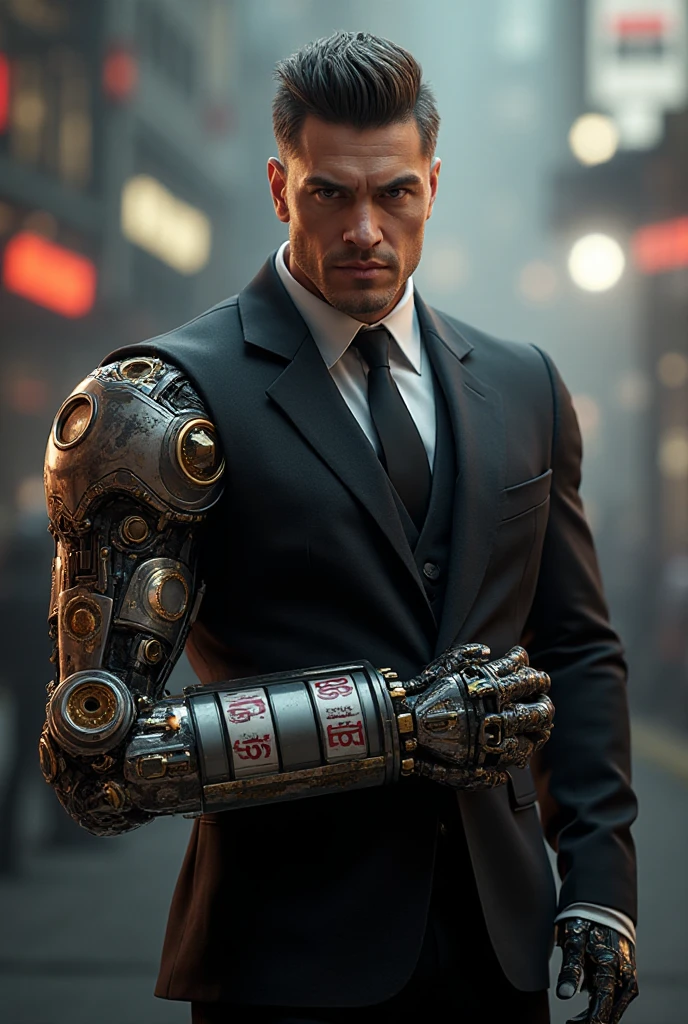 A man with an athletic build in a suit and instead of an arm he has a ...