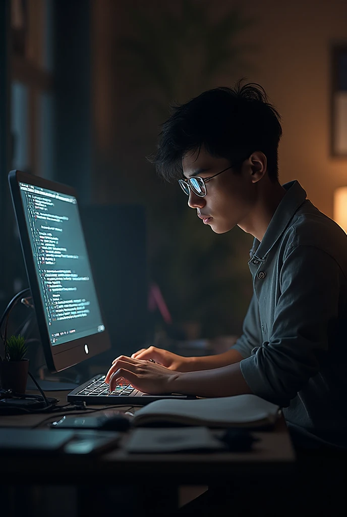 A picture of programmer without glasses, sitting on the table and ...