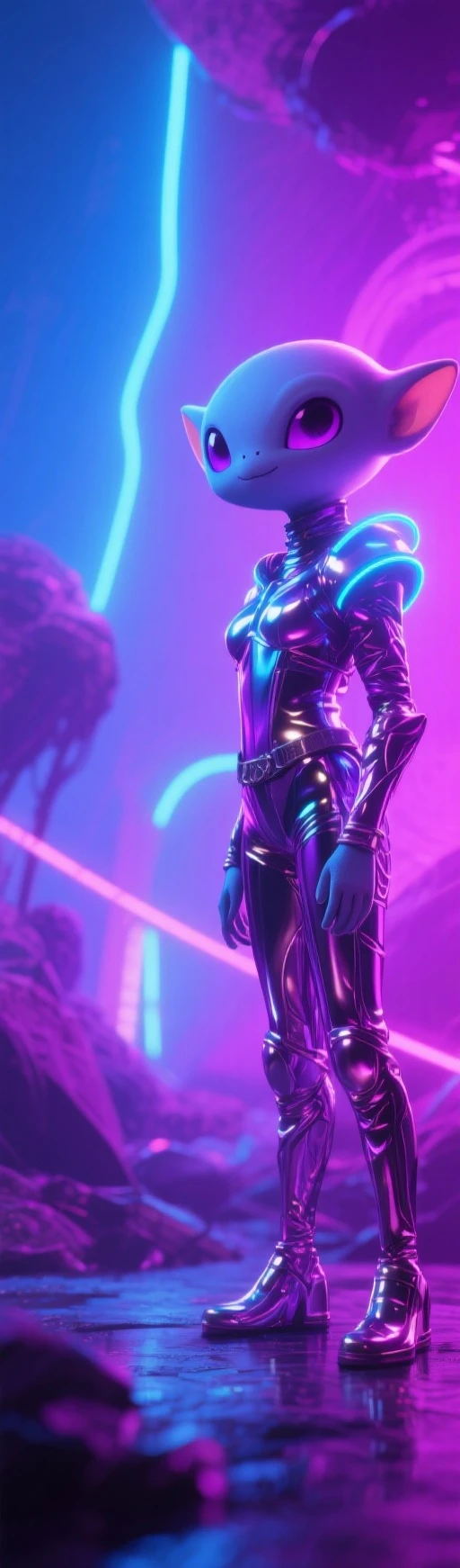 (((masterpiece:1.5, 4K, 8K))), a (((full body:1.5))) high quality digitally drawn rendered image ((by SEGA)) of A solo male anthro ((silver—white hedgehog)), with glowing blue eyes, ((metallic blue eyeliner:1.5)), (((tan muzzle))), wearing a (((sci-fi ))) stands in a neon-lit cyberpunk city The android's  is adorned with (((bright teal coloring:1.5))) with (((neon pink accents:1.4))), and intricate android seams, creating a futuristic look. the android has a  smirk on his face