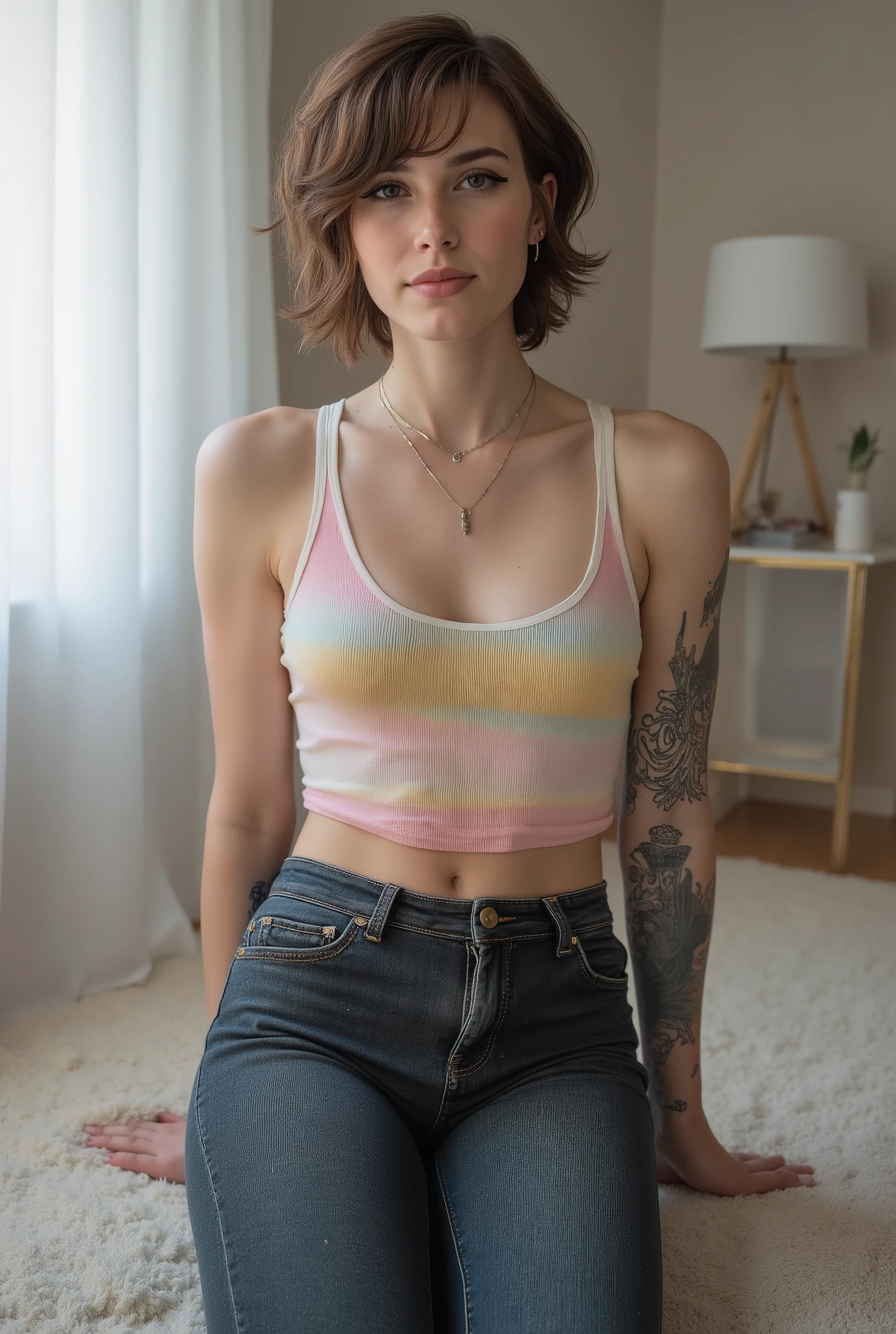 Revealing the outlines of an  penis,young cute skinny femboy, full body shot, white european, androgynous, crossdressing, slender petite build, flat , narrow , smooth light skin, no body hair, soft facial features, winged eyeliner, submissive devote expression, alluring, short tousled bob hairstyle, casual hair across forehead, pastel tank top with white trims, slightly cropped to reveal hint of midriff, tight dark blue jeans, denim is skinny on the legs, tattoos on arms and shoulders, necklaces, feminine outfit on male body, slender legs, androgynous aesthetic, realistic, detailed, kneeling on fluffy carpet, full body visible
