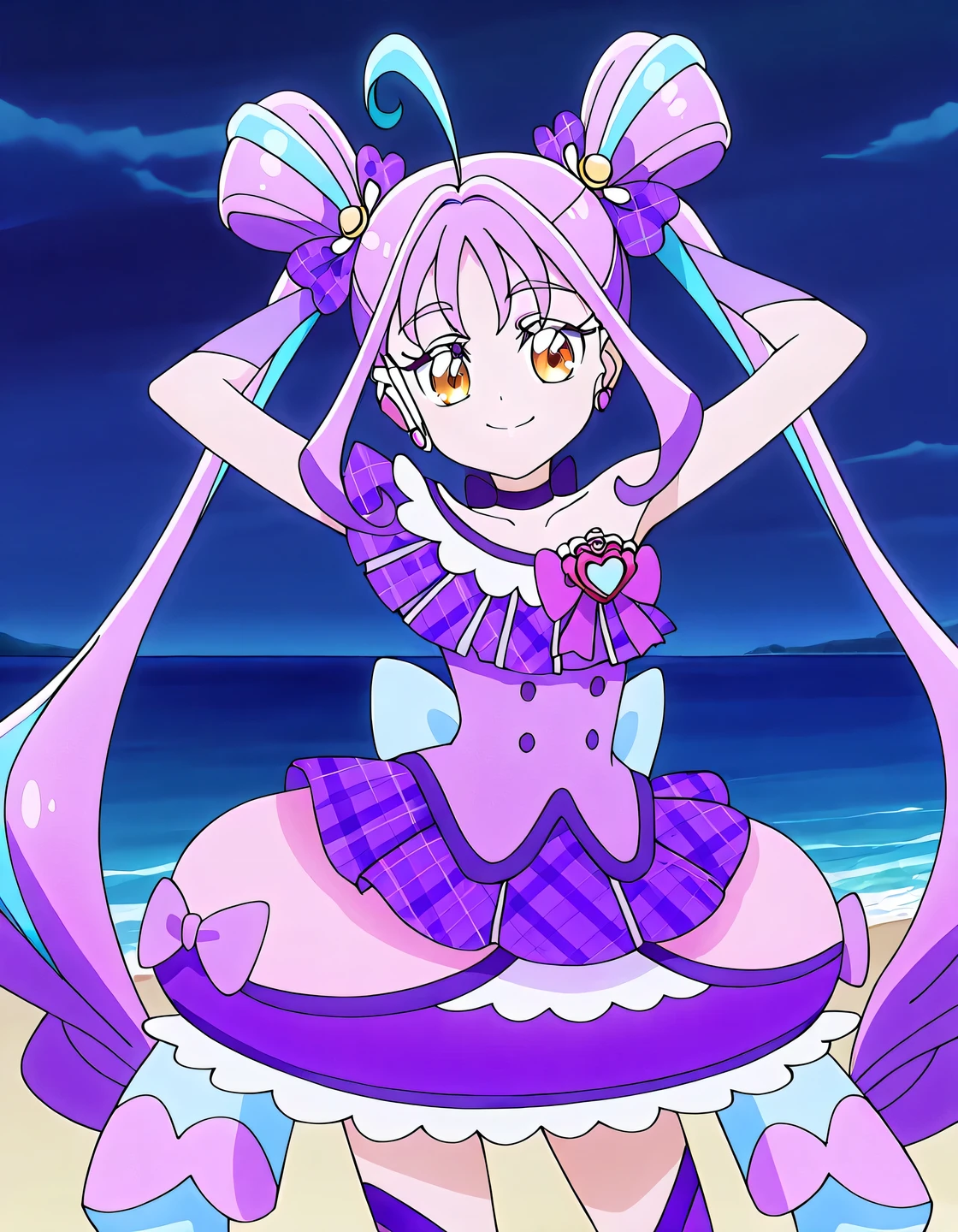 cure kyunkyun, twintails, purple hair, blue hair, multicolored hair, streaked hair, two-tone hair, very long hair, sidelocks, double bun, shiny hair, ahoge, hair ribbon, hair bow, purple bow, hair ornament, plaid bow, brown eyes, eyelashes, eyebrows visible through hair, earrings, purple dress, sleeveless dress, multicolored clothes, frilled dress, plaid dress, strapless dress, bare shoulders, frills, purple choker, ribbon choker, purple skirt, layered skirt, miniskirt, wrist cuffs, detached sleeves, arm warmers, fingerless gloves, purple legwear, heart brooch, blue bow, waist bow, dress bow, buttons, purple legwear, thigh boots, anime screencap, high quality, solo, shiny skin, night sky, beach, arms behind head, (contrapposto), closed mouth, smile, cowboy shot, looking at viewer, best quality