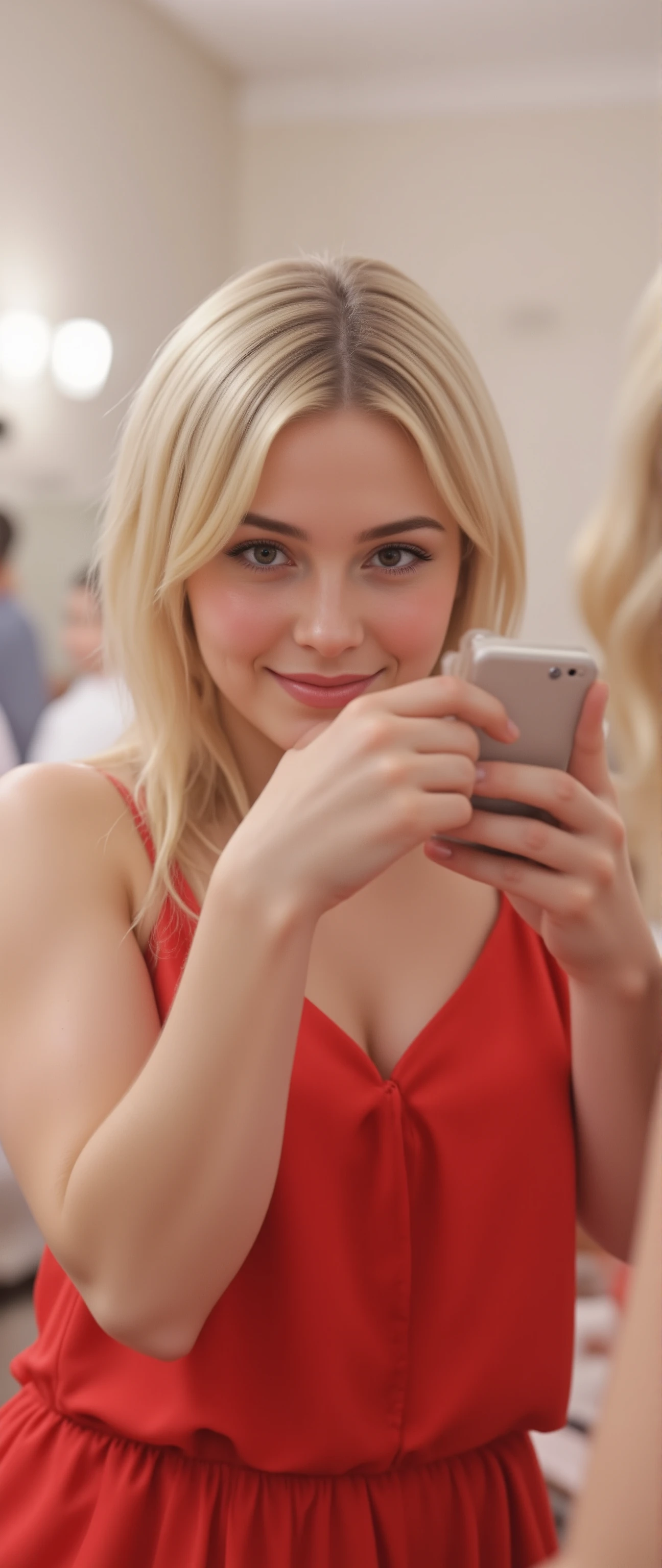 high-definition images、getting ready for a date in front of a mirror、Blonde 21 year old、with white ダウンのblouson on top、beautiful girl in red dress smiling and looking at camera、全身high-definition images、