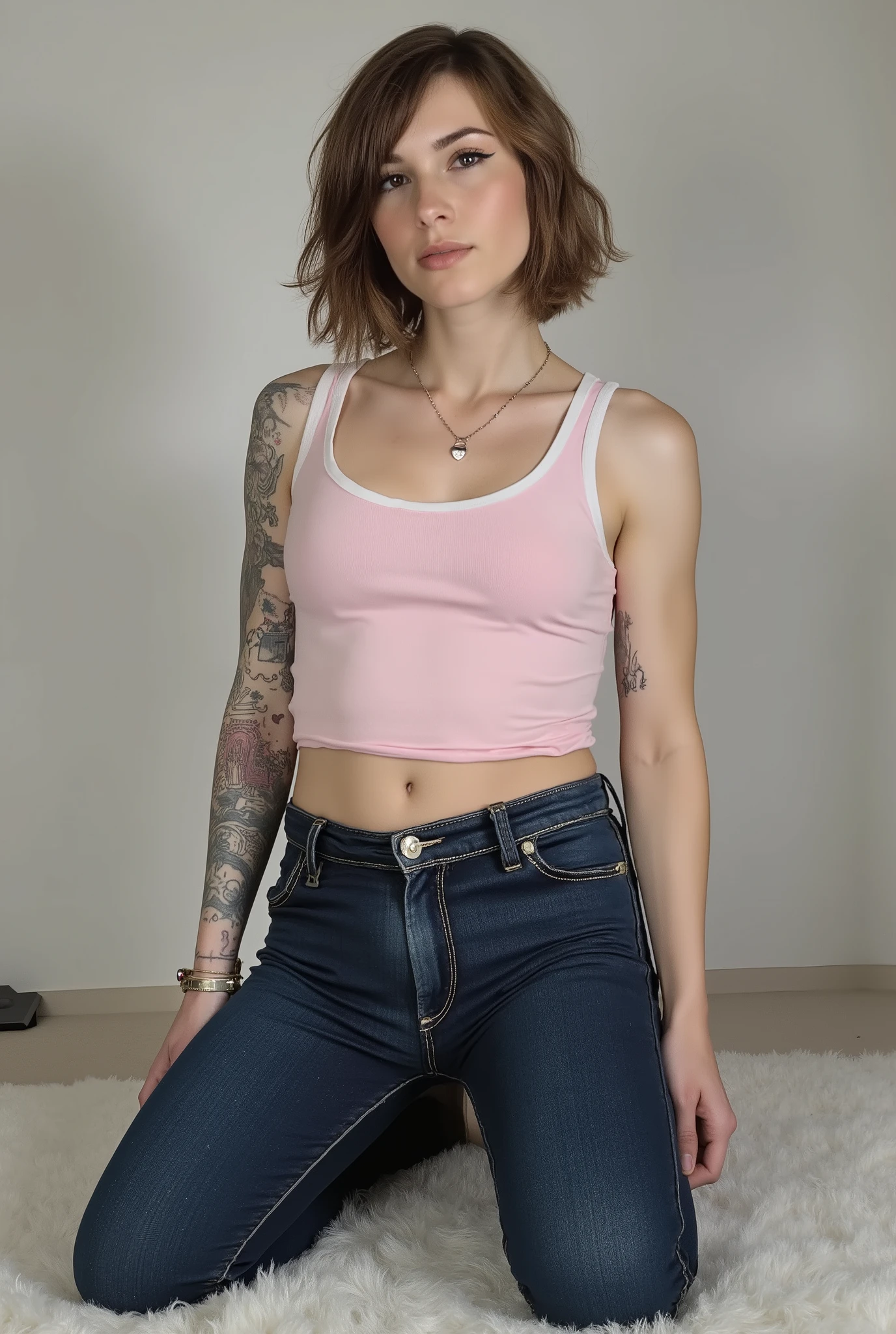 young cute skinny femboy, full body shot, white european, androgynous, crossdressing, slender petite build, flat , narrow , smooth light skin, no body hair, soft facial features, winged eyeliner, submissive devote expression, alluring, short tousled bob hairstyle, casual hair across forehead, pastel tank top with white trims, slightly cropped to reveal hint of midriff, tight dark blue jeans, denim is skinny on the legs, tattoos on arms and shoulders, necklaces, feminine outfit on male body, slender legs, androgynous aesthetic, realistic, detailed, kneeling on fluffy carpet, POV subject is kneeling right in front of viewer
