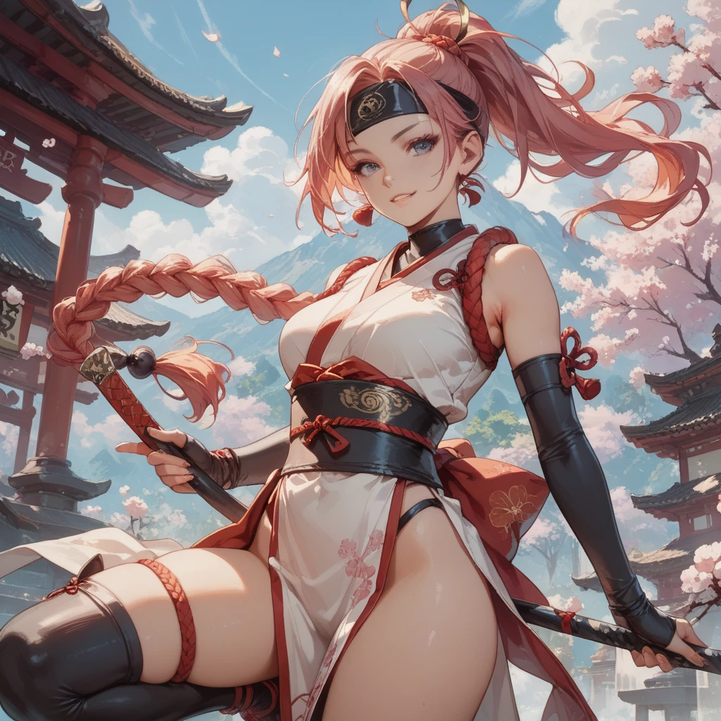 full body,wearing armor,warrior armor, ancient armor, white tight pants, masterpiece, (high detail:1 1), Rough face, Natural skin, high quality, ????, Sakura Haruno，pink hair, wavy hair, ponytail,, short detailed hair，green eyes，（???????????:1.2 ），( smile:1.2），Face blush，（cleavage:1.4），???? figure, perfect bodies, beautiful eyes, (Detailed face and eyes), (face: 1 2), voices, Extra, real photo, ... ... ........... PSD, sharp focus, contrast lighting, Delicate skin, High definition 8K, incredible details, realistic, professional photo shooting, 8K UHD, SLR camera, soft lighting , high high quality, film grain, Fujifilm XT3, magic, particle FX, full body, standing from the back, huge ???, headband, cherry blossom trees, cherry blossom petals, snowy, moon, holding a spear