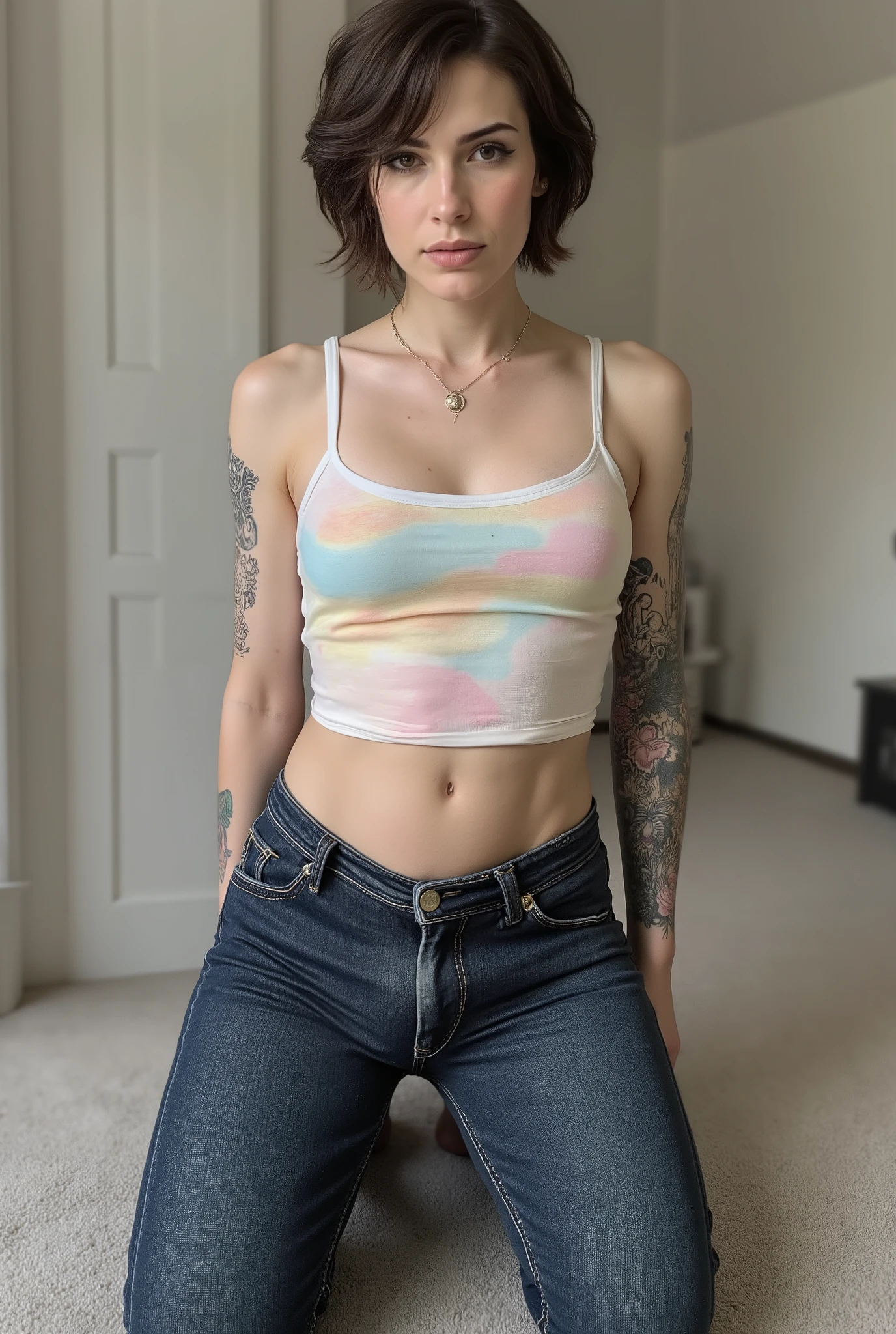tight fitting,Revealing the outlines of an  penis,young cute skinny femboy, full body shot, white european, androgynous, crossdressing, slender petite build, flat , narrow , smooth light skin, no body hair, soft facial features, winged eyeliner, submissive devote expression, alluring, short tousled bob hairstyle, casual hair across forehead, pastel tank top with white trims, slightly cropped to reveal hint of midriff, tight dark blue jeans, denim is skinny on the legs, tattoos on arms and shoulders, necklaces, feminine outfit on male body, slender legs, androgynous aesthetic, realistic, detailed, kneeling on fluffy carpet, POV subject is kneeling right in front of viewer
