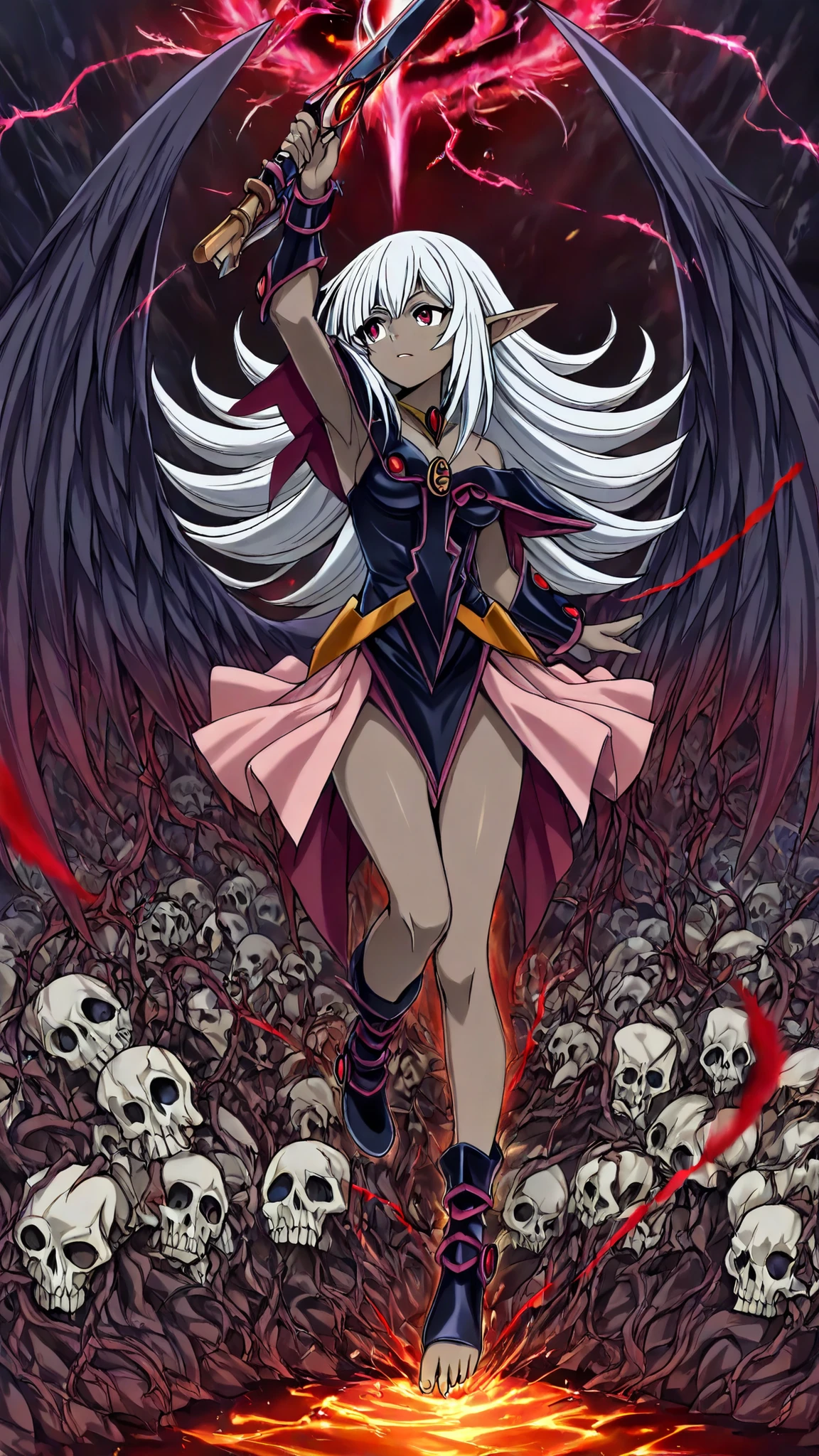 Darck magician girls (Ultra-detailed face, Looking away, Horrific digital painting, dark fantasy illustration, dark space, Dark tone colors. She has five fingers on her hands and five toes on her feet.), BREAK
(The Queen of Darkness, in the form of a dark elf warrior, turns her back and twists her body in a daring pose, stomping one foot on a voracious pile of bones and skulls at her feet and thrusting a great sword into the skulls. In one hand, he holds a skull.), BREAK
(She has pure white hair, pure white eyebrows, blunt bangs, very long, messy wavy hair reaching down to her feet, small pink lips, red, lava sparkling eyes, dark gray skin, and thick eyeliner. On her back she has a pair of wide-open, raven-like wings. Her eyes are half-closed.), (She wears a ribbon tie with a crimson thorn chain, a tight lace-up dress made of layers of fabric with purple rose embroidery on crimson silk that is stained with a blood-red tide, and a pair of crimson laced sandals with thorns.), BREAK
(The background is glowing red and black with red gas swirling and red lightning and prominences flying about.)