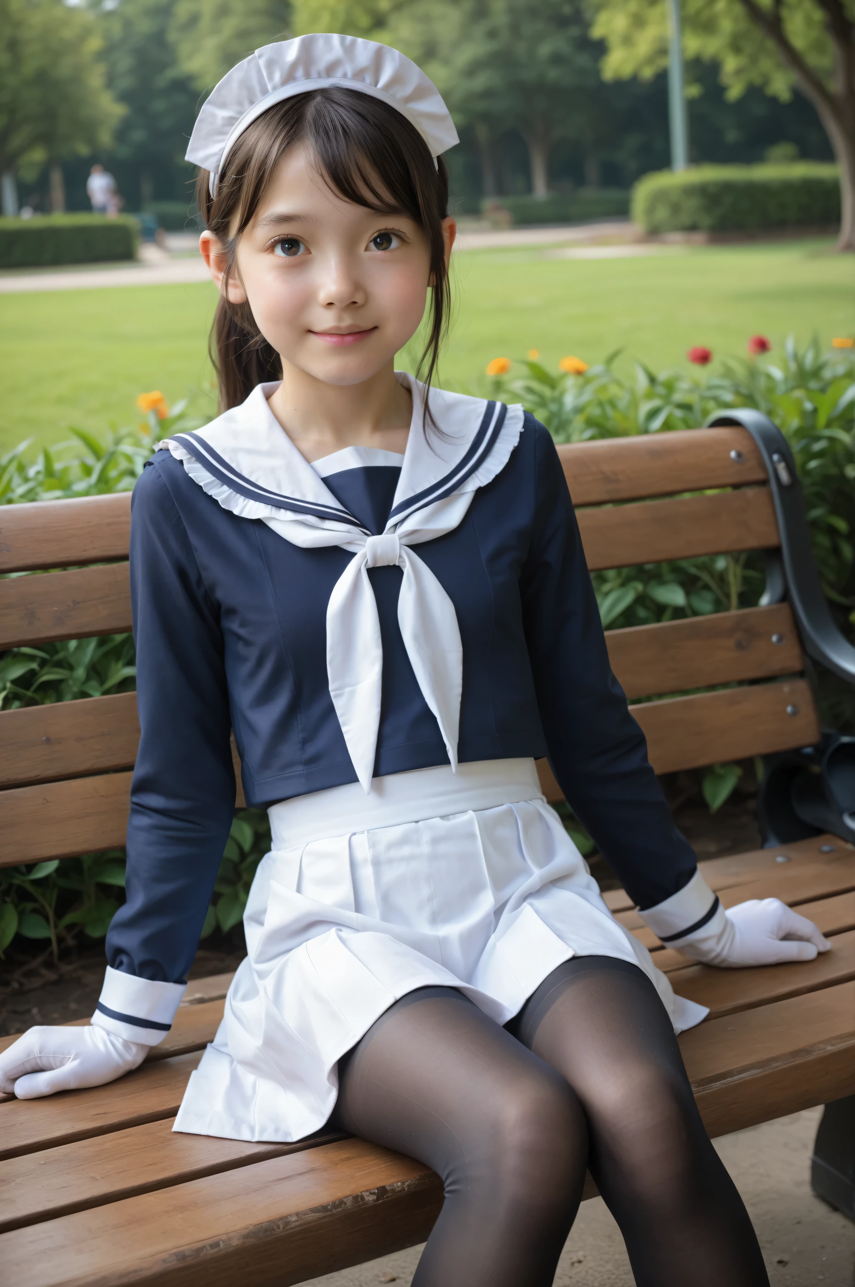 score_9, score_8_up , score_7_up , Realistic, Picture, detailed face and eyes, detailed skin,Cute Girl,long sleeve sailor suit cosplay visible when closed , maid cap ,white gloves, navy knee-length skirt visible when closed,20 years old,Cute Girl, masterpiece,4K,8k,16 kg,(:1.5),Hair tie, sitting on a park bench, It continues to be very thin ,(slender:1.5),(skinny:1.3),(toddler wearing top_body:1.2),(younger:1.5), Small buttocks, thin thighs, slender body, Black Tights, dark haired,ponytail, black loafers,no panties, big boobs,thin body,younger,かわいいyounger女の子,narrow shoulder width, Realistic,Japan
