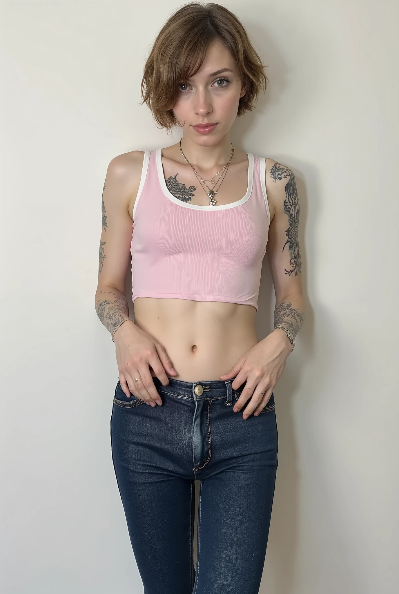 tight fitting,Revealing the outlines of an  penis,young cute skinny femboy, full body shot, white european, androgynous, crossdressing, slender petite build, flat , narrow , smooth light skin, no body hair, soft facial features, winged eyeliner, submissive devote expression, alluring, short tousled bob hairstyle, casual hair across forehead, pastel tank top with white trims, slightly cropped to reveal hint of midriff, tight dark blue jeans, denim is skinny on the legs, tattoos on arms and shoulders, necklaces, feminine outfit on male body, slender legs, androgynous aesthetic, realistic, detailed, posing in an alluring standing pose