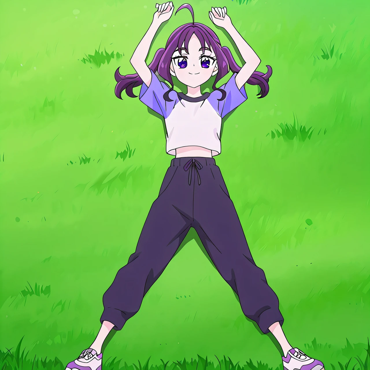 shigure kokoro, gym uniform, short twintails, purple hair, long hair, sidelocks, ahoge, shiny hair, parted bangs, purple eyes, thick eyebrows, eyebrows visible through hair, t-shirt, white shirt, raglan sleeves, short sleeves, midriff, black pants, sweatpants, white footwear, purple footwear, sneakers, no socks, anime screencap, high quality, solo, lying, on back, arms up, legs apart, closed mouth, on grass, full body, looking at viewer, smile, best quality,