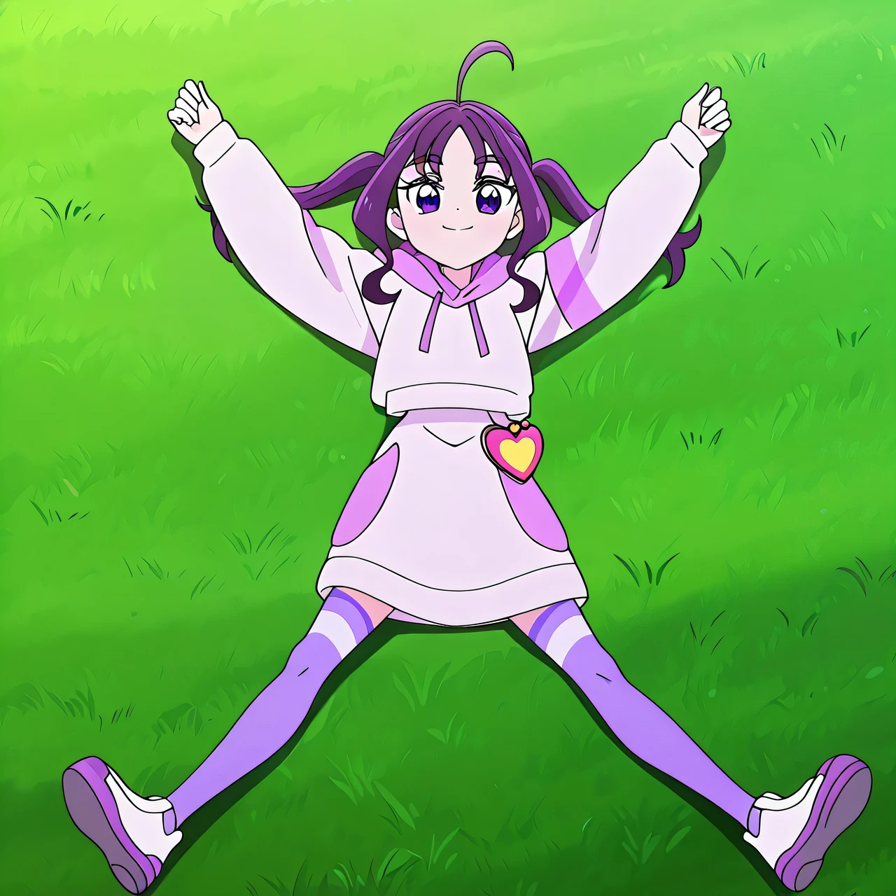 shigure kokoro, casual, short twintails, purple hair, long hair, sidelocks, ahoge, shiny hair, parted bangs, purple eyes, thick eyebrows, eyebrows visible through hair, white hoodie, purple hoodie, hooded sweater, hood down, multicolored clothes, drawstring, long sleeves, white skirt, two-tone legwear, purple legwear, striped legwear, purple footwear, white footwear, sneakers, pouch, anime screencap, high quality, solo, lying, on back, arms up, legs apart, closed mouth, on grass, full body, looking at viewer, smile, best quality,