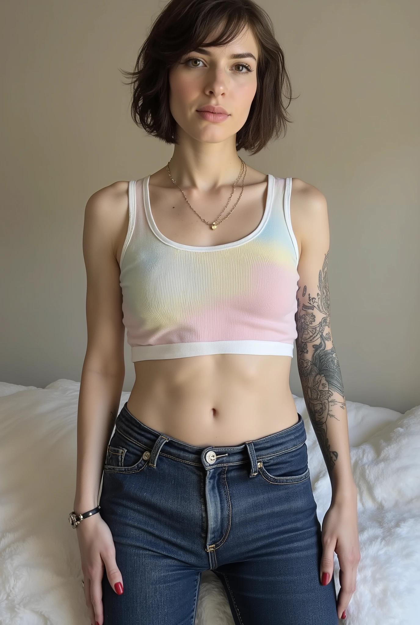 tight fitting,Revealing the outlines of an  penis,young cute skinny femboy, full body shot, white european, androgynous, crossdressing, slender petite build, flat , narrow , smooth light skin, no body hair, soft facial features, winged eyeliner, submissive devote expression, alluring, short tousled bob hairstyle, casual hair across forehead, pastel tank top with white trims, slightly cropped to reveal hint of midriff, tight dark blue jeans, denim is skinny on the legs, tattoos on arms and shoulders, necklaces, feminine outfit on male body, slender legs, androgynous aesthetic, realistic, detailed, posing in an alluring standing pose, in a fluffy bedroom