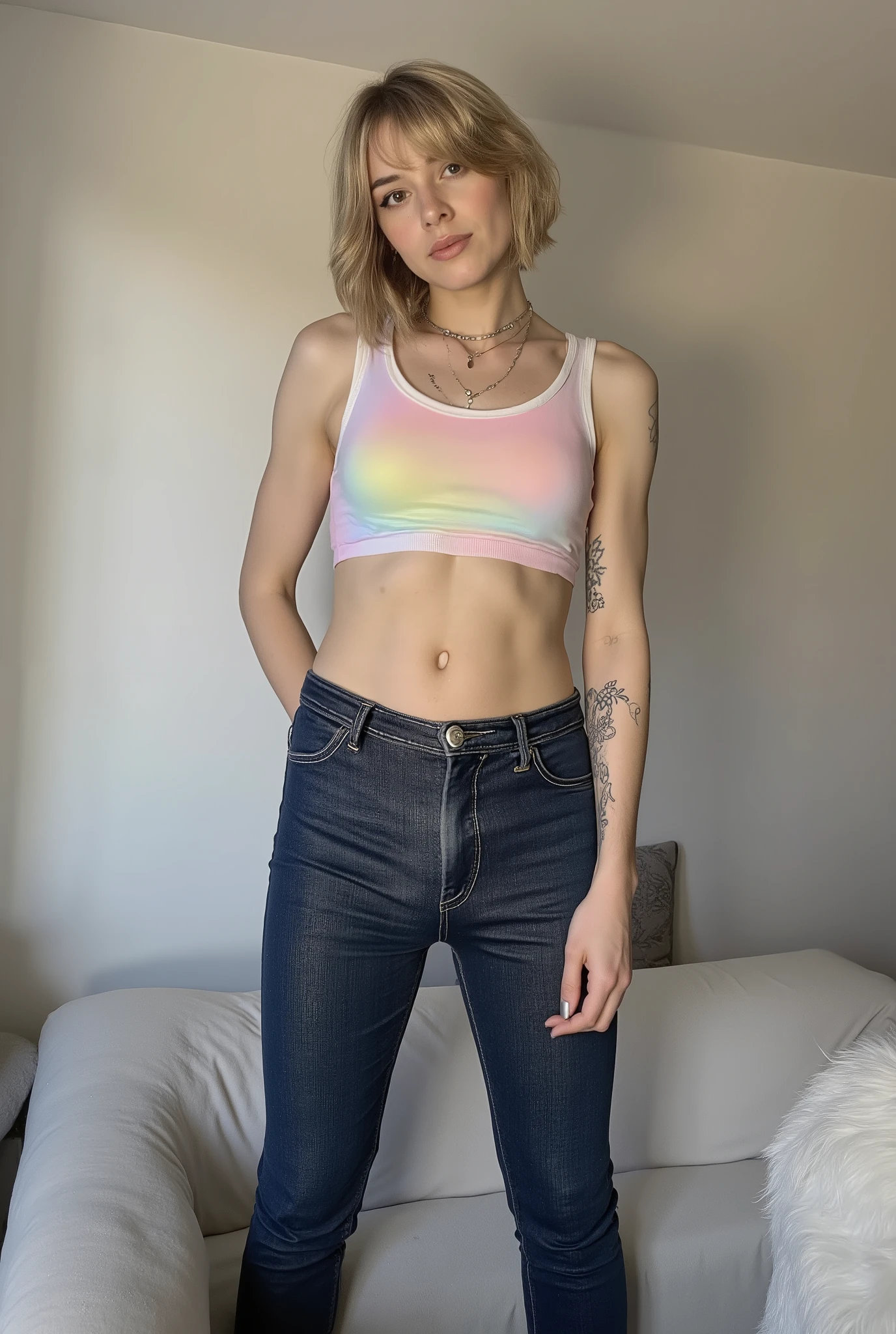 tight fitting,Revealing the outlines of an  penis,young cute skinny femboy, full body shot, white european, androgynous, crossdressing, slender petite build, flat , narrow , smooth light skin, no body hair, soft facial features, winged eyeliner, submissive devote expression, alluring, short tousled bob hairstyle, casual hair across forehead, pastel tank top with white trims, slightly cropped to reveal hint of midriff, tight dark blue jeans, denim is skinny on the legs, tattoos on arms and shoulders, necklaces, feminine outfit on male body, slender legs, androgynous aesthetic, realistic, detailed, posing in an alluring standing pose, in a fluffy bedroom