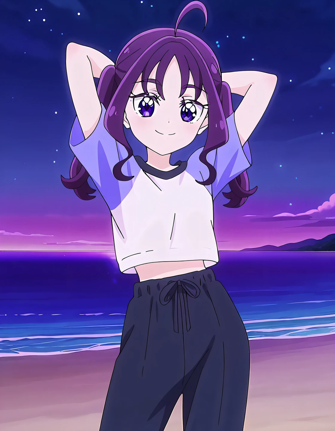 shigure kokoro, gym uniform, short twintails, purple hair, long hair, sidelocks, ahoge, shiny hair, parted bangs, purple eyes, thick eyebrows, eyebrows visible through hair, t-shirt, white shirt, raglan sleeves, short sleeves, midriff, black pants, sweatpants, anime screencap, high quality, solo, shiny skin, night sky, beach, arms behind head, (contrapposto), closed mouth, smile, cowboy shot, looking at viewer, best quality