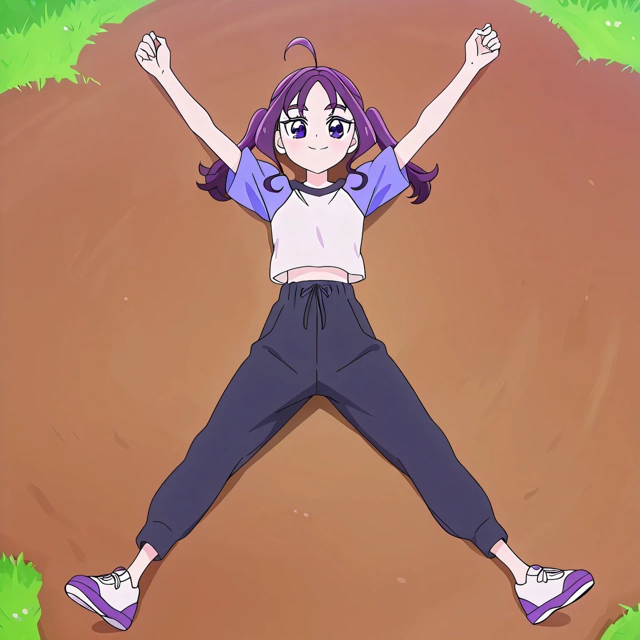 shigure kokoro, gym uniform, short twintails, purple hair, long hair, sidelocks, ahoge, shiny hair, parted bangs, purple eyes, thick eyebrows, eyebrows visible through hair, t-shirt, white shirt, raglan sleeves, short sleeves, midriff, black pants, sweatpants, white footwear, purple footwear, sneakers, no socks, anime screencap, high quality, solo, lying, on back, arms up, legs apart, closed mouth, on grass, full body, looking at viewer, smile, best quality,
