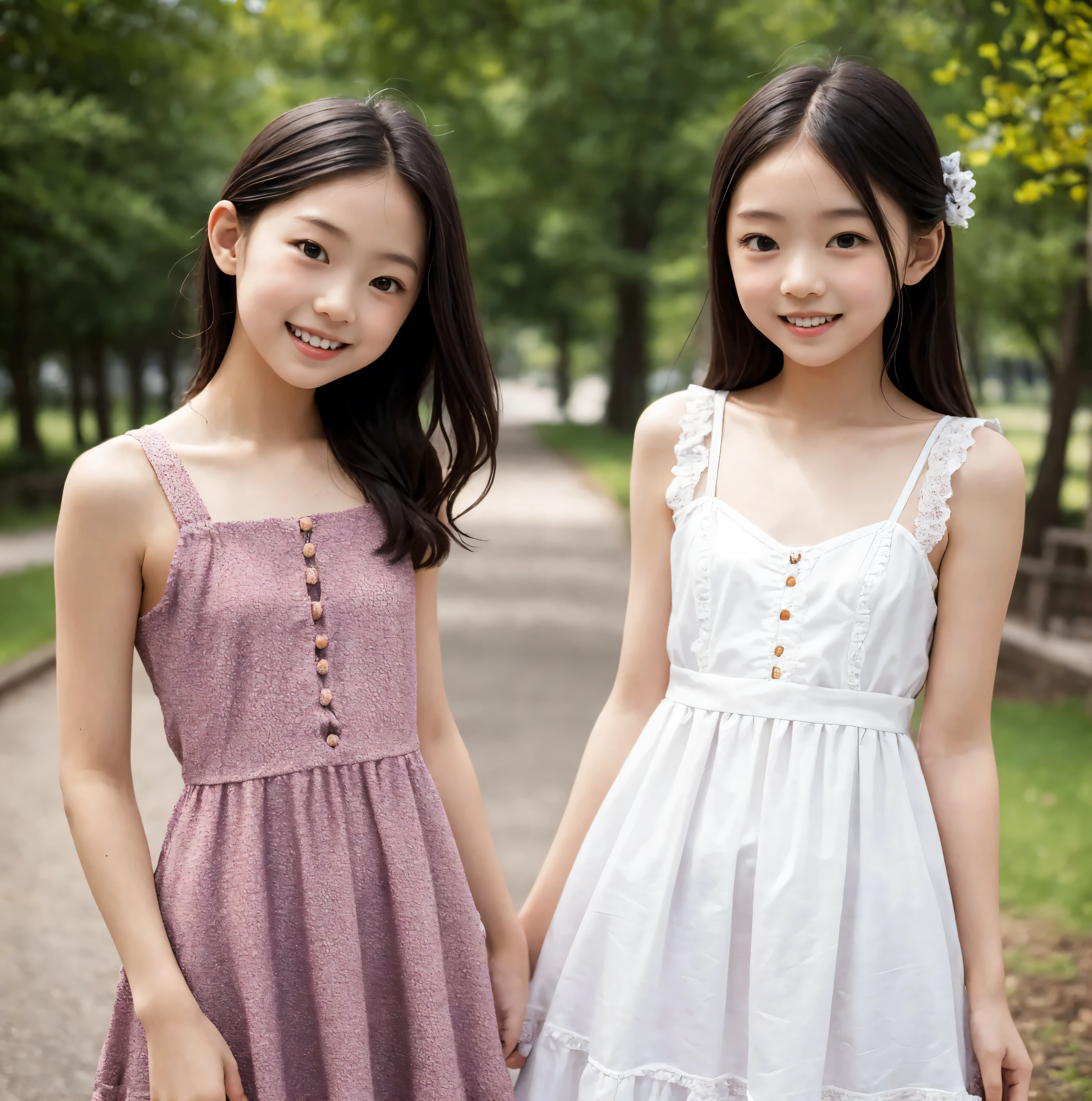 8 years old,2 cute girls,((Highest Quality)),park where the nipples are almost visible,((Photo Quality)),(Slim:1.5),(detail),Tiny Chest,narrow shoulder width,perfect face,Tank Dress ,ruffle dress,(skinny:1.3),(smile:0.5)
