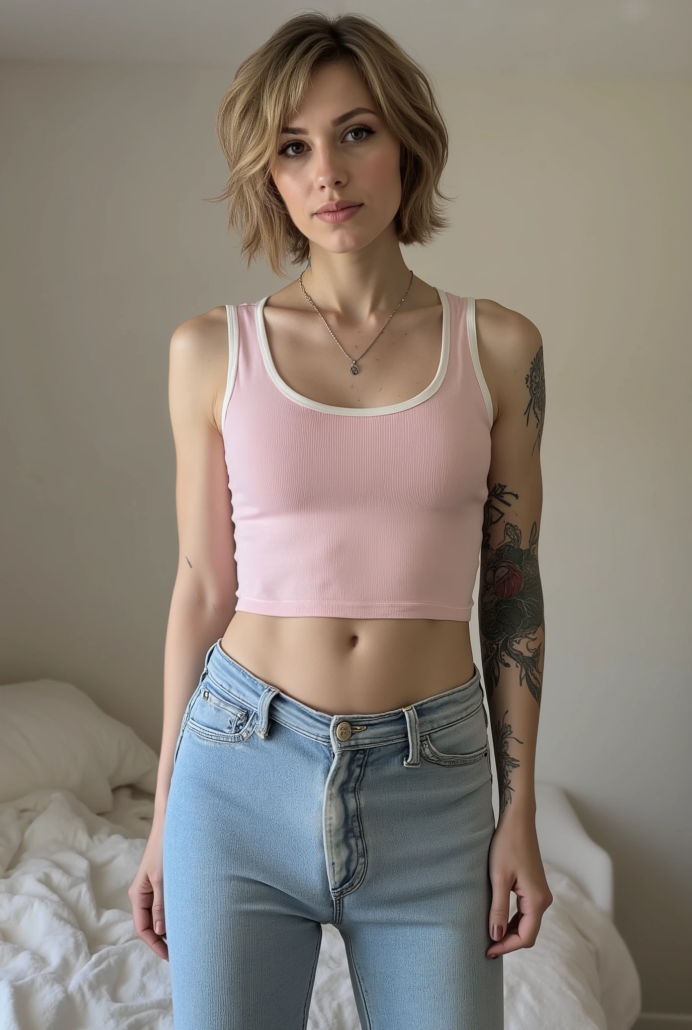 tight fitting,Revealing the outlines of an  penis,young cute skinny femboy, full body shot, white european, androgynous, crossdressing, slender petite build, flat , narrow , smooth light skin, no body hair, soft facial features, winged eyeliner, submissive devote expression, alluring, short tousled bob hairstyle, casual hair across forehead, pastel tank top with white trims, slightly cropped to reveal hint of midriff, tight jeans, denim is skinny on the legs, tattoos on arms and shoulders, necklaces, feminine outfit on male body, slender legs, androgynous aesthetic, realistic, detailed, posing in an alluring standing pose, in a fluffy bedroom