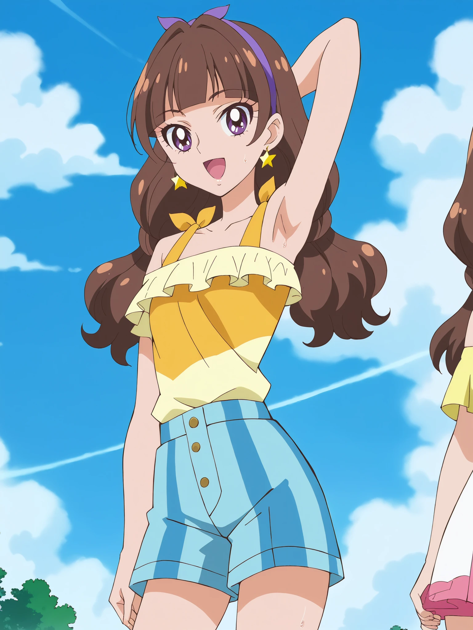 Highest Quality,masterpiece,viewersを見る,soft touch,Delicate Body Curves,Realistic Human Body, Show me your armpits,sweat,, wet skin,kirara, Casual, score_9, score_8_ up the side, score_7_ up the side, Official Art, anime screencap, source_anime, 1 girl, big boobs, Alone, viewers, Parks