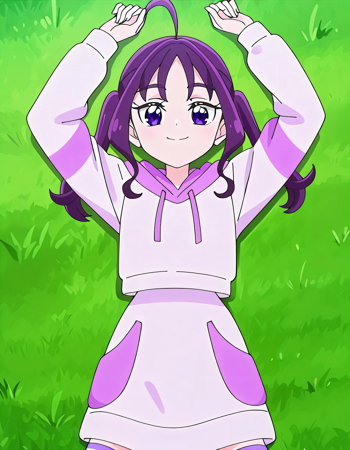 shigure kokoro, casual, short twintails, purple hair, long hair, sidelocks, ahoge, shiny hair, parted bangs, purple eyes, thick eyebrows, eyebrows visible through hair, white hoodie, purple hoodie, hooded sweater, hood down, multicolored clothes, drawstring, long sleeves, white skirt, two-tone legwear, purple legwear, anime screencap, high quality, solo, lying, on back, arms up, legs apart, closed mouth, on grass, cowboy shot, looking at viewer, smile, best quality,