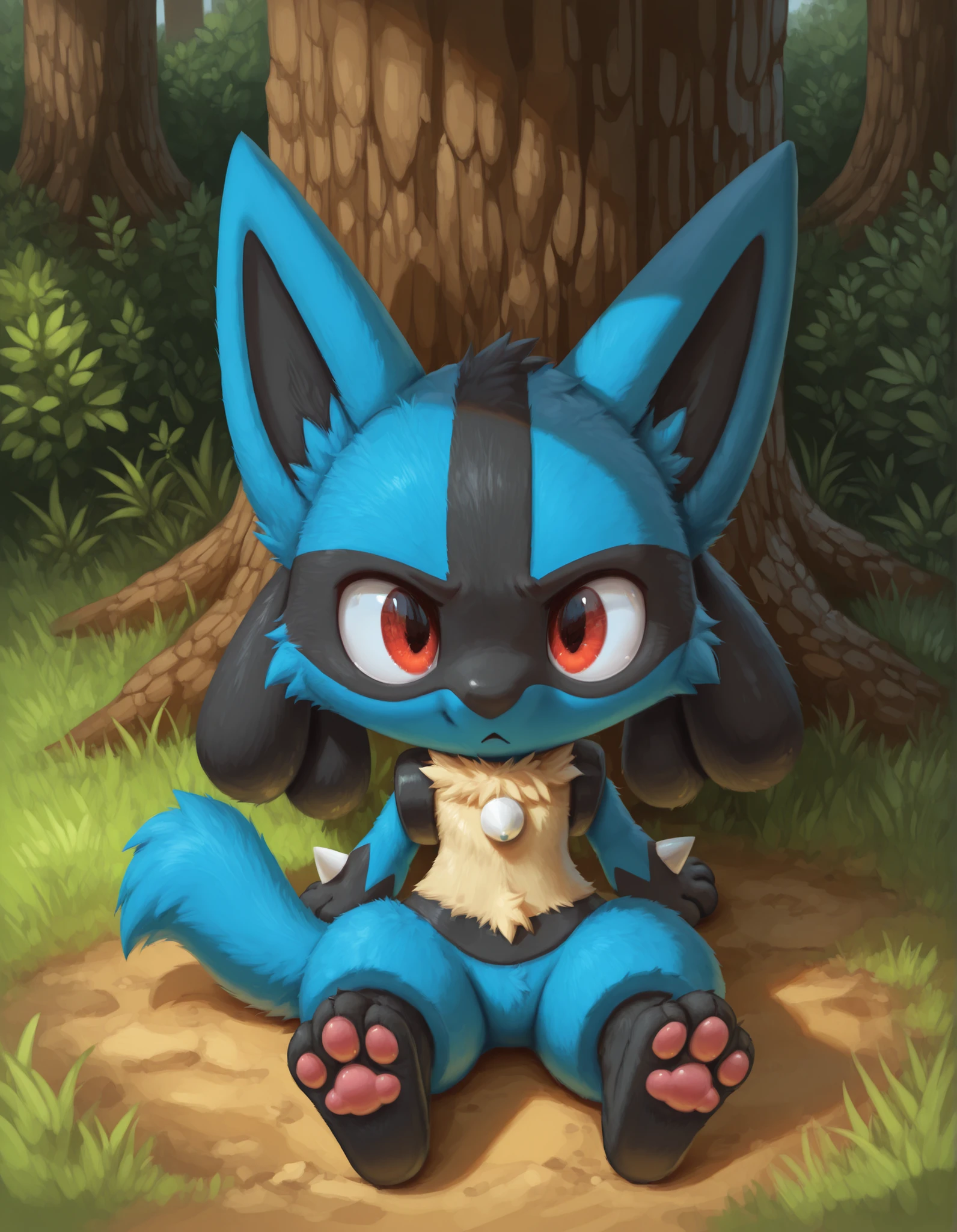 slvrfxstyleil,, silverfox5213, (solo:1.3),
canid, canine, generation_4_pokemon, lucario,
digital_media_(artwork), digital_painting_(artwork), painting_(artwork),
3_toes, ambiguous_gender, anthro, blue_body, blue_fur, chibi, daww, detailed_background, eye_reflection, feet, fur, glistening, glistening_eyes, outside, pawpads, paws, pink_pawpads, red_eyes, tail, toes,, explicit, nude, knot, dick canine,