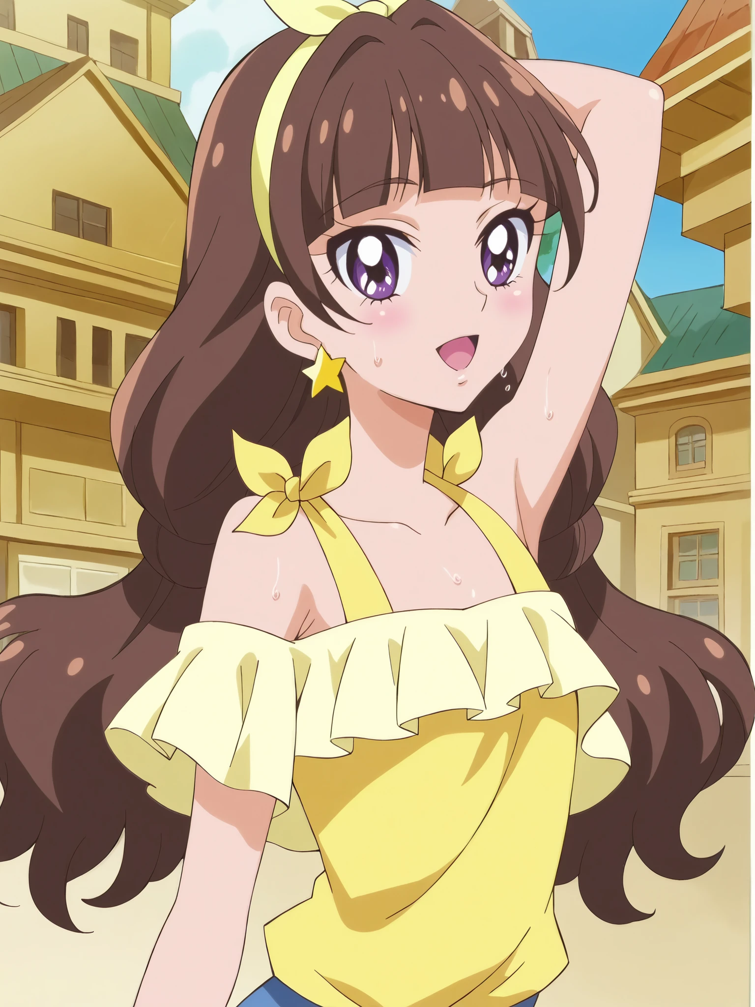 Highest Quality,masterpiece,viewersを見る,soft touch,Delicate Body Curves,Realistic Human Body, Show me your armpits,sweat,, wet skin,kirara,  Casual,  score_9,  score_8_ up the side,  score_7_ up the side,  Official Art, anime screencap,  source_anime,  1 girl, big boobs, Alone,  viewers, Parks