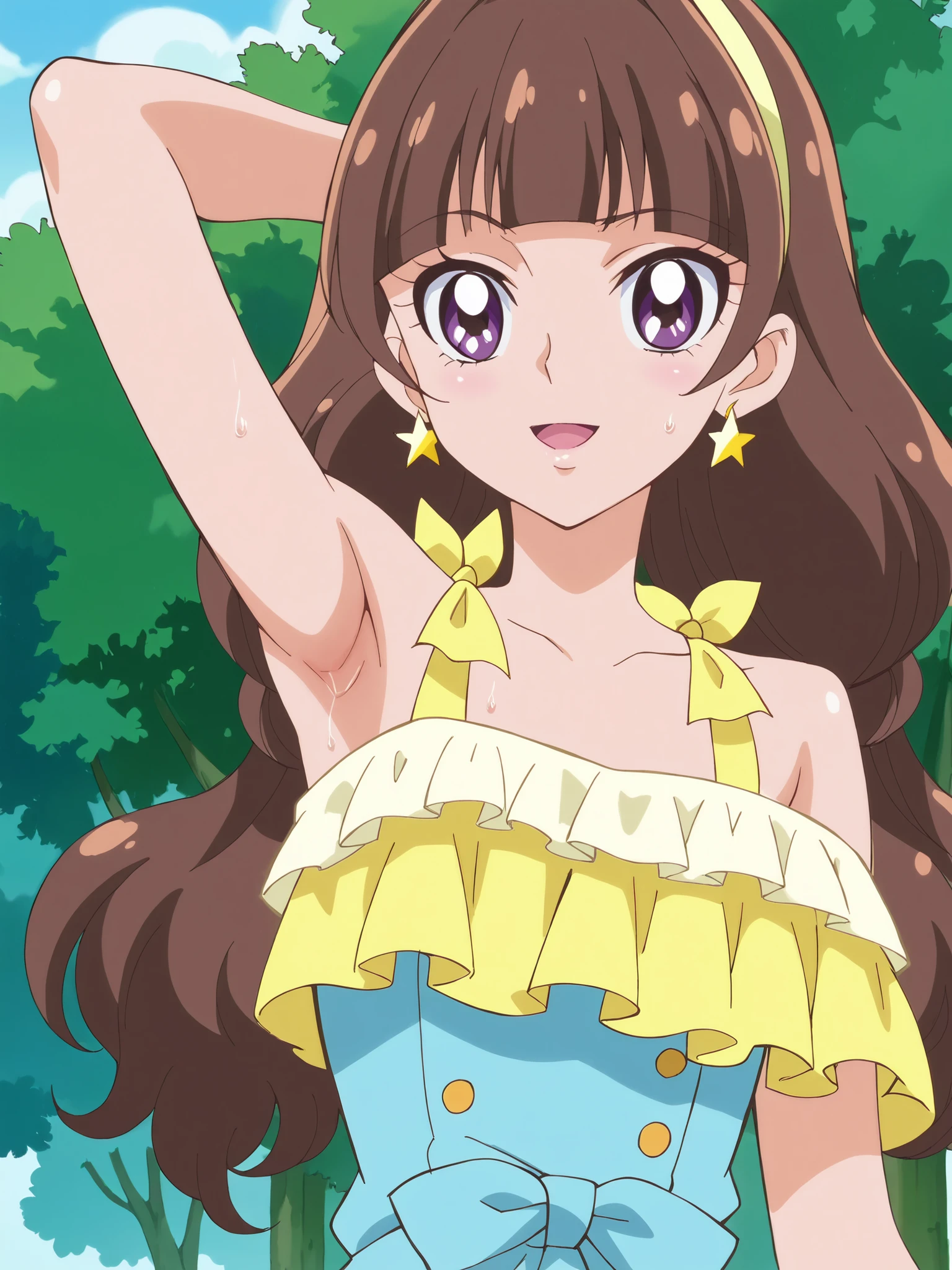 Highest Quality,masterpiece,viewersを見る,soft touch,Delicate Body Curves,Realistic Human Body, Show me your armpits,sweat,, wet skin,kirara, Casual, score_9, score_8_ up the side, score_7_ up the side, Official Art, anime screencap, source_anime, 1 girl, big boobs, Alone, viewers, Parks