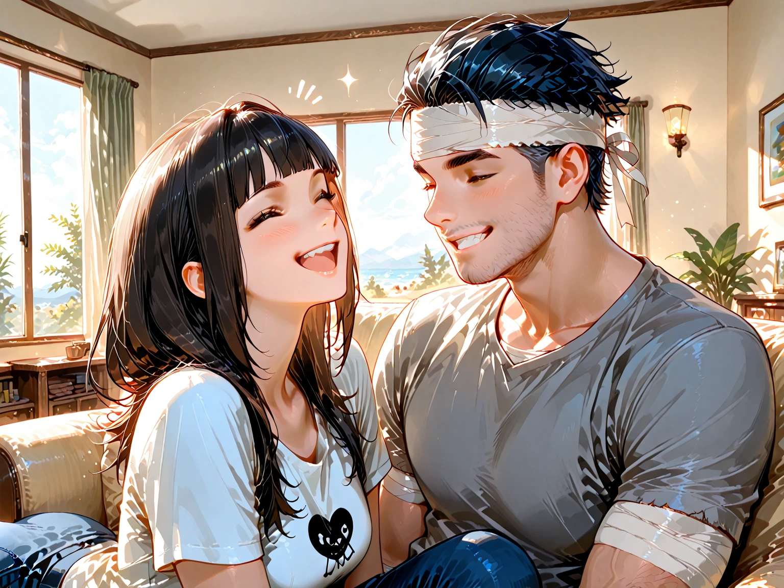 Samatoki from Hinopsis micphone is very happy with a girl with black eyes, BROWN SKIN, curly hair that is tied like a ponytail and she is wearing a brown top with blue jeans, in a coffee shop 