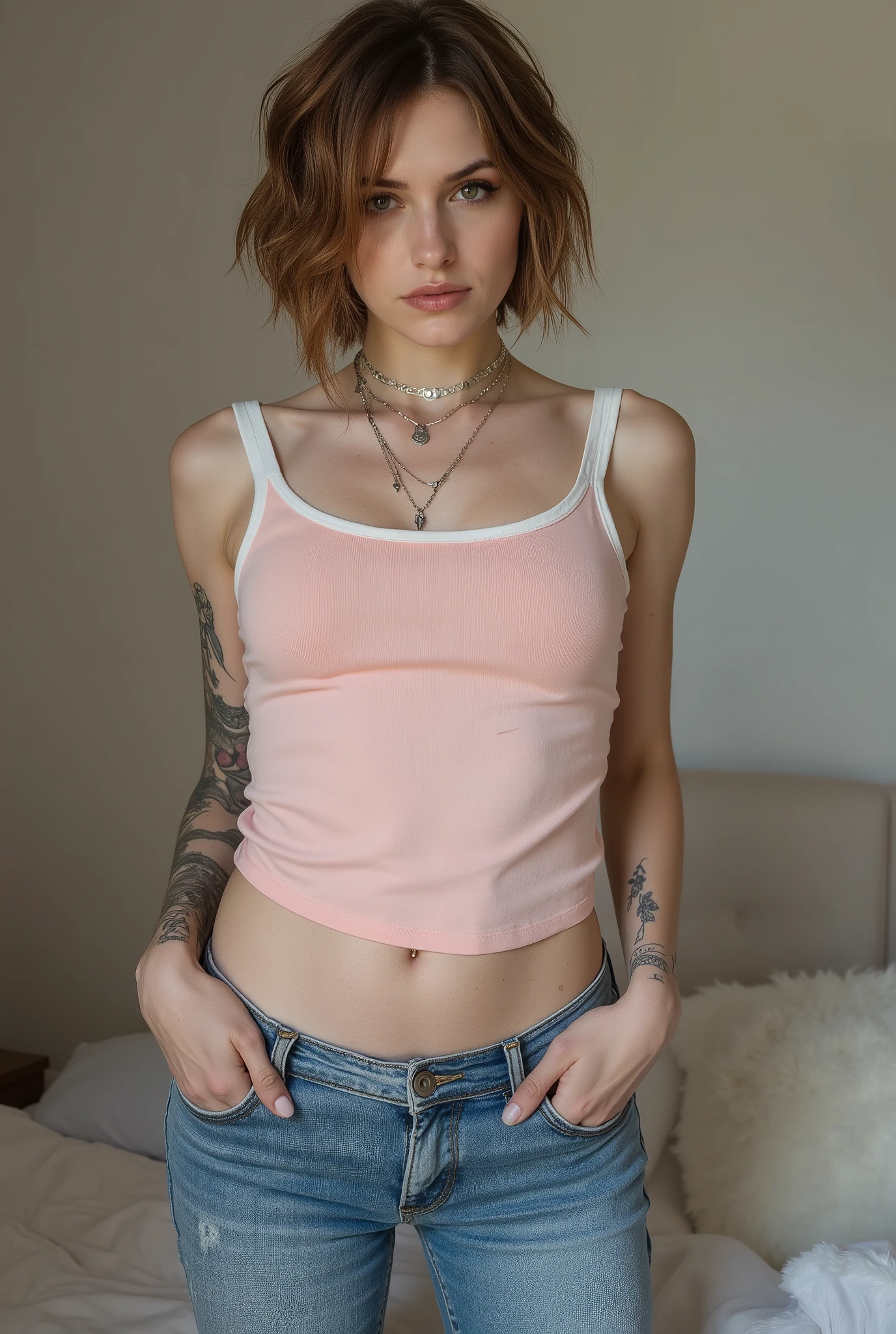 tight fitting,Revealing the outlines of an  penis,young cute skinny femboy, full body shot, white european, androgynous, crossdressing, slender petite build, flat , narrow , smooth light skin, no body hair, soft facial features, winged eyeliner, submissive devote expression, alluring, short tousled bob hairstyle, casual hair across forehead, pastel tank top with white trims, slightly cropped to reveal hint of midriff, tight jeans, denim is skinny on the legs, tattoos on arms and shoulders, necklaces, feminine outfit on male body, slender legs, androgynous aesthetic, realistic, detailed, posing in an alluring standing pose, in a fluffy bedroom
