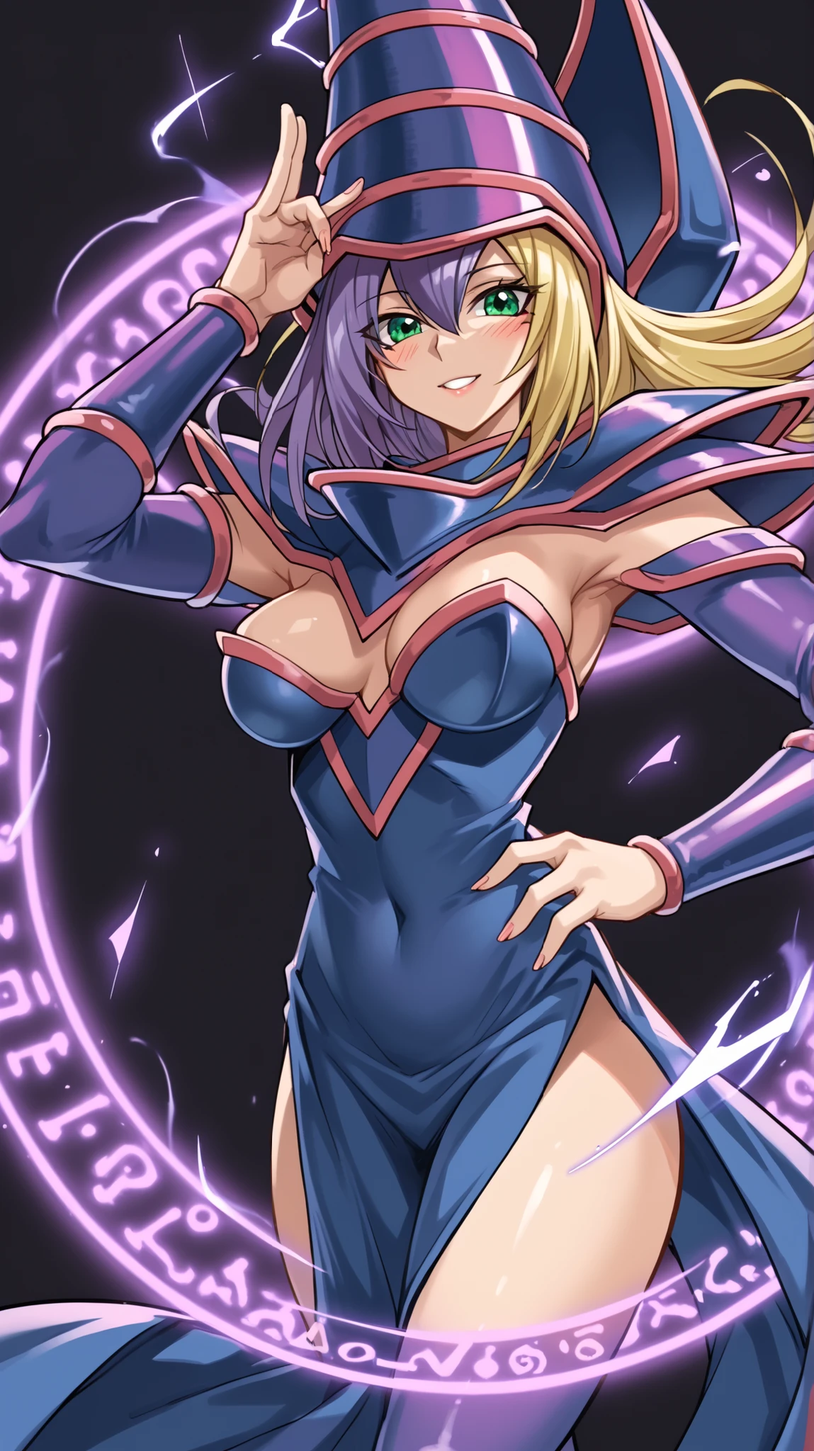 (score_9:0.9),score_8_up,score_7_up,rating_safe,(zPDXL),(zPDXL3),dark magician,solo,green eyes,purple wizard hat,purple hair,upper body,looking at viewer,1girl,purple wizard clothes,magic circle,MEDIUM breasts,thick thighs,small waist, NSFW, glass cover, upper body, side shot, alternate color, masterpiece, detailed illustration, lifelike, Pixiv top quality, exquisite, {{{Cute 1dark magician girl}}}, super beauty merging with the machine, elaborate shabby chic pattern, beautiful and shiny woman, half of my body is made of machine, transparent glass body, the machine inside is transparent, cinematic lighting, dynamic angle, dynamic pose, MAGIC World, depth of field. Magic macaw at the bottom. magic hearts showing your VOLUPTUOUS body, BIG TITS, BEAUTIFUL, SENSUAL, BLUSHING from head to toe, STROLLING THE CASTLE, SMILING PLAYING SEXY CROSSED LEGS, BLONDE HAIR INTERACTING WITH LUCID MAGIC , twin pigtails, Black background,colorful,vibrant, shiny outline ,neon,Blacklight,any pose, dynamic, Behavior