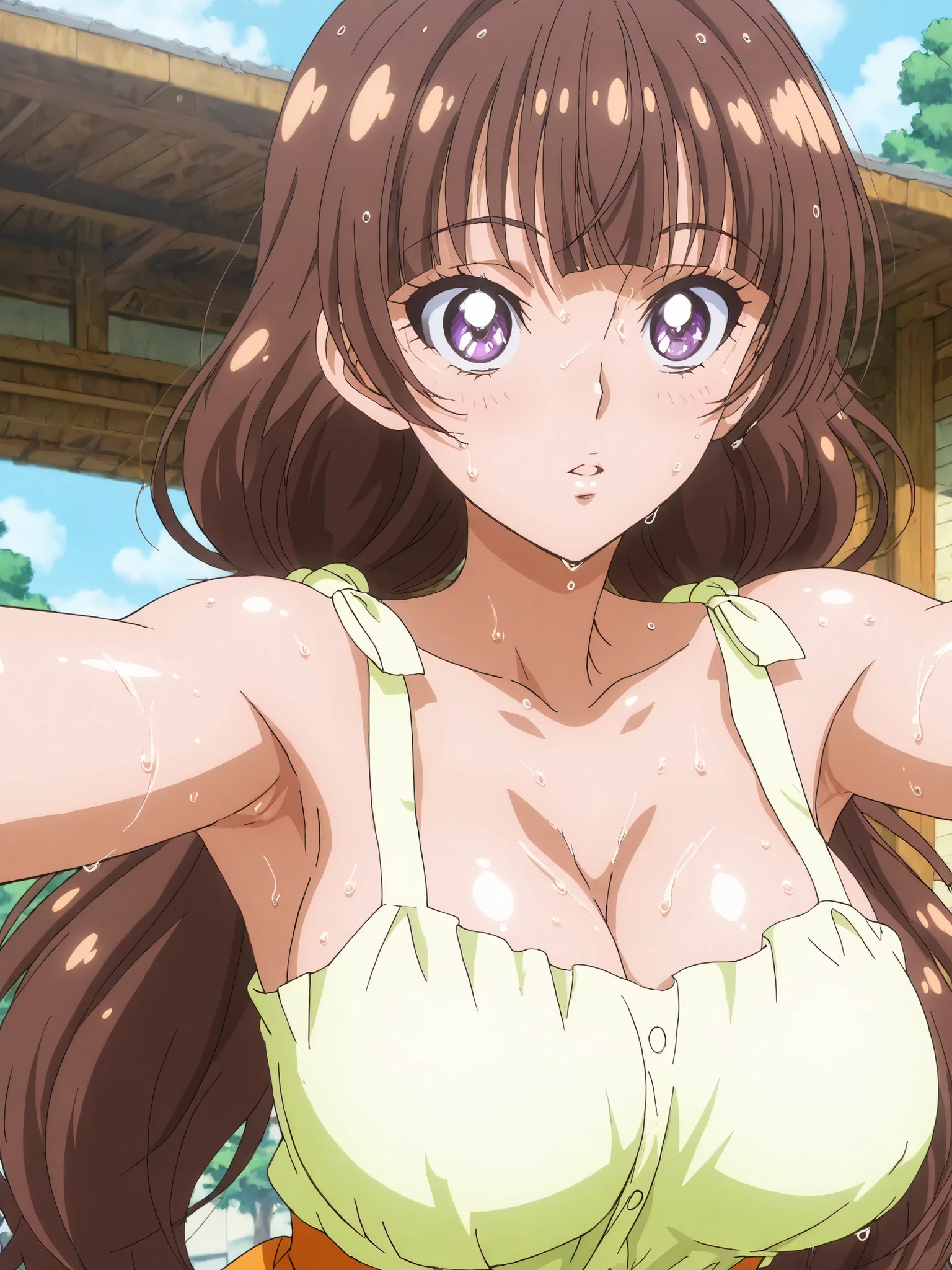 Highest Quality,masterpiece,stares at viewers,soft touch,Delicate Body Curves,Realistic Human Body, Show me your armpits,sweat,, wet skin,kirara, Casual, score_9, score_8_ up the side, score_7_ up the side, Official Art, anime screencap, source_anime, 1 girl, big boobs, Alone, Parks