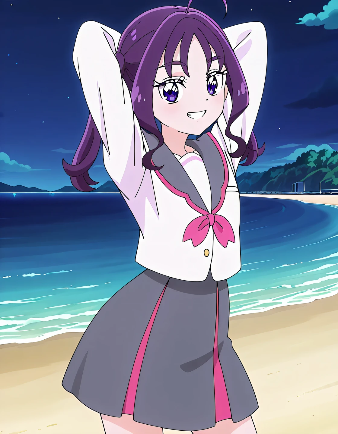 shigure kokoro, school uniform, short twintails, purple hair, long hair, sidelocks, ahoge, shiny hair, parted bangs, purple eyes, thick eyebrows, eyebrows visible through hair, serafuku, white shirt, grey sailor collar, long sleeves, pink neckwear, grey skirt, pleated skirt, white legwear, anime screencap, high quality, solo, shiny skin, night sky, beach, arms behind head, (contrapposto), closed mouth, grin, cowboy shot, looking at viewer, best quality