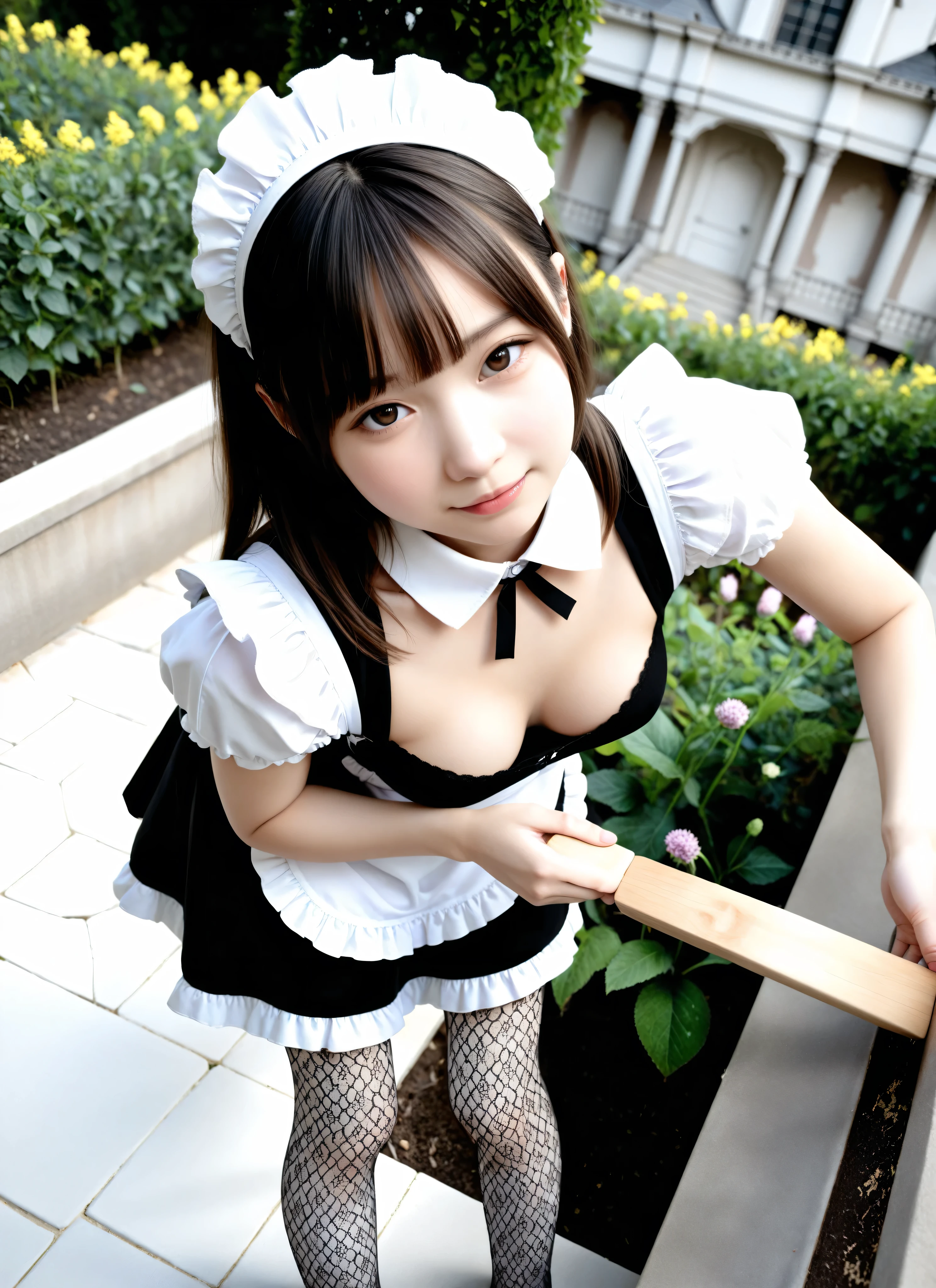 (Biological Corpse Factory)、maids,Look at the audience,(skinny:0.79),(younger:0.82),from above,(medium breasts:0.60),slouching forward,slouching forward,Japanese,(Smile Yang:0.47),black lace stockings