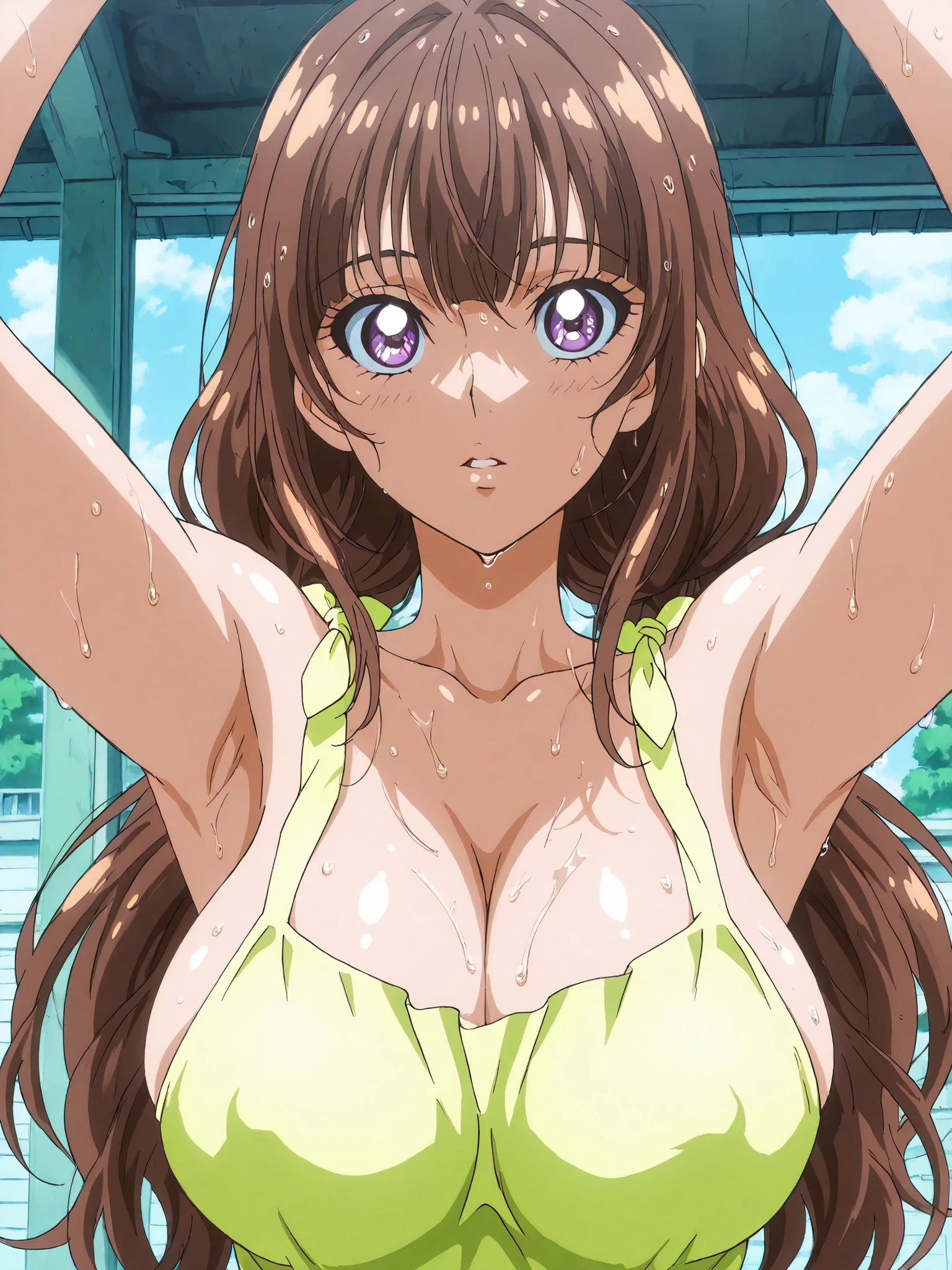 Highest Quality,masterpiece,stares at viewers,soft touch,Delicate Body Curves,Realistic Human Body, Show me your armpits,sweat,, wet skin,kirara, Casual, score_9, score_8_ up the side, score_7_ up the side, Official Art, anime screencap, source_anime, 1 girl, big boobs, Alone, Parks