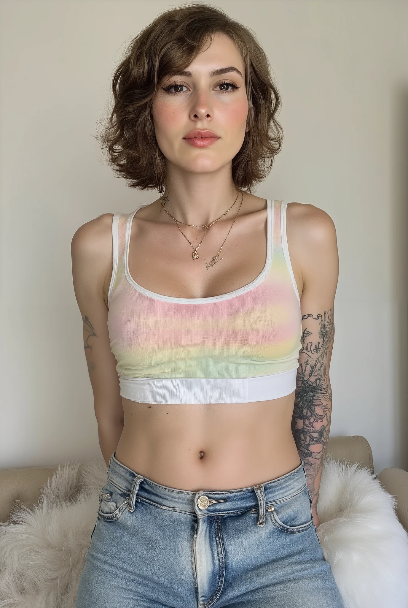 tight fitting,Revealing the outlines of an  penis,young cute skinny femboy, full body shot, white european, androgynous, crossdressing, slender petite build, flat , narrow , smooth light skin, no body hair, soft facial features, winged eyeliner, submissive devote expression, alluring, short tousled bob hairstyle, casual hair across forehead, pastel tank top with white trims, slightly cropped to reveal hint of midriff, tight jeans, denim is skinny on the legs, tattoos on arms and shoulders, necklaces, feminine outfit on male body, slender legs, androgynous aesthetic, realistic, detailed, posing in an alluring standing pose, in a fluffy bedroom